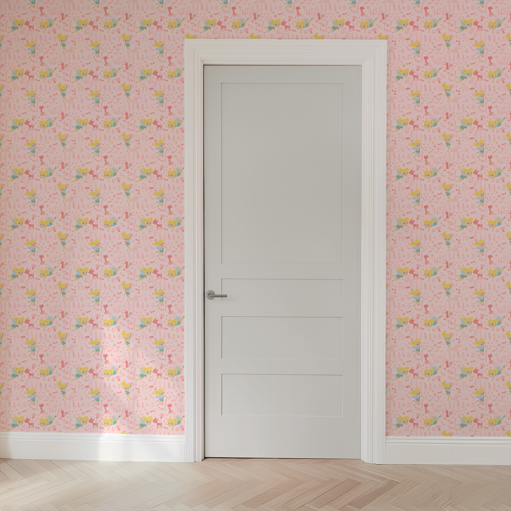 Pink whimsical pattern with cartoon fairy characters, forest animals, mushrooms, and plants in pastel colors wallpaper door mockup