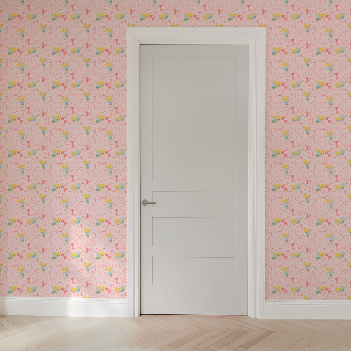 Pink whimsical pattern with cartoon fairy characters, forest animals, mushrooms, and plants in pastel colors wallpaper door mockup