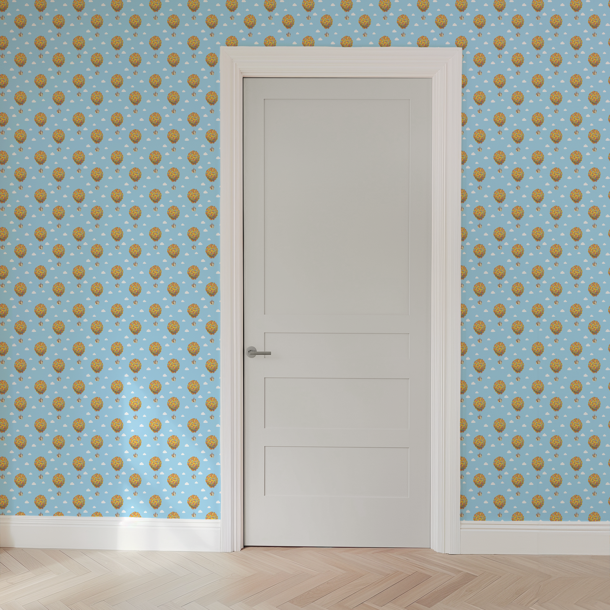 Repeating Up pattern of houses lifted by colorful balloon clusters against a light blue sky with white clouds wallpaper door mockup