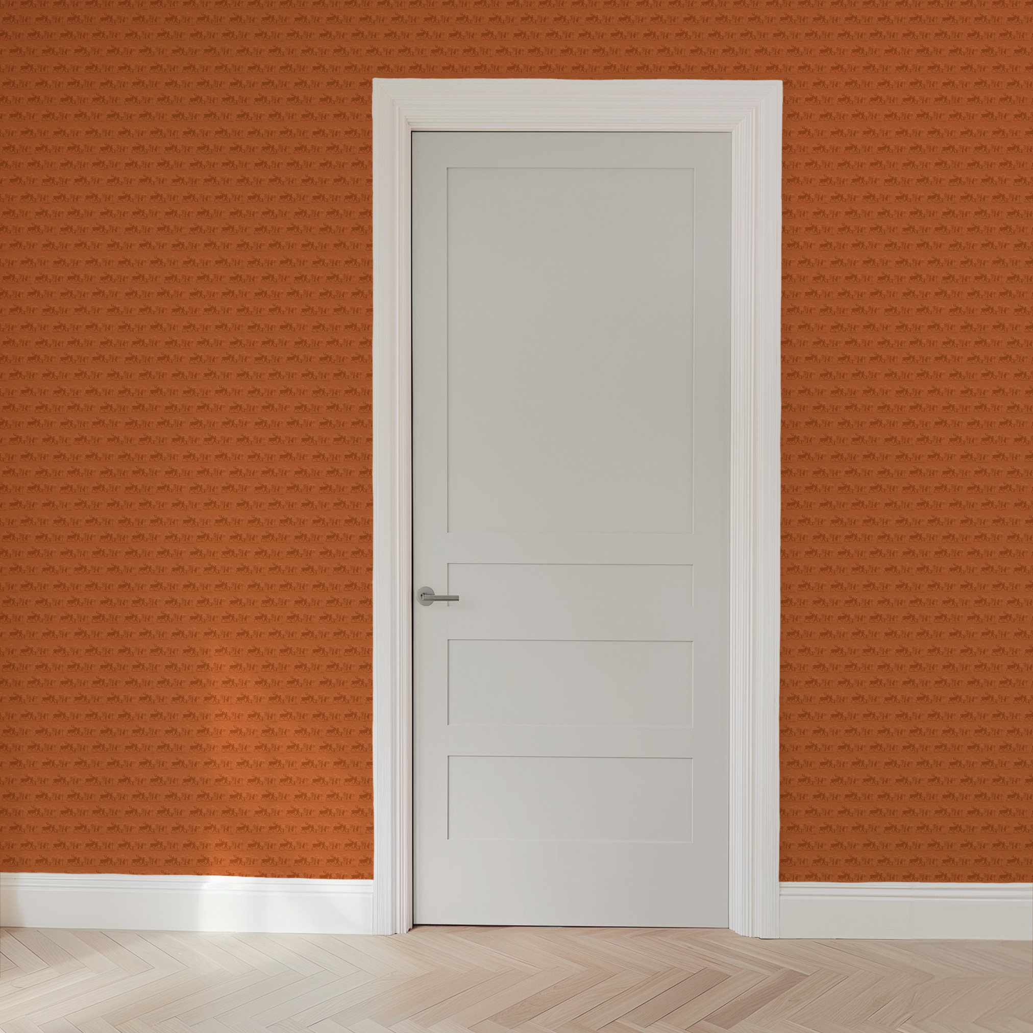 Repeating brown pattern with silhouettes of Frozen characters and trees in a rustic woodland scene wallpaper door mockup