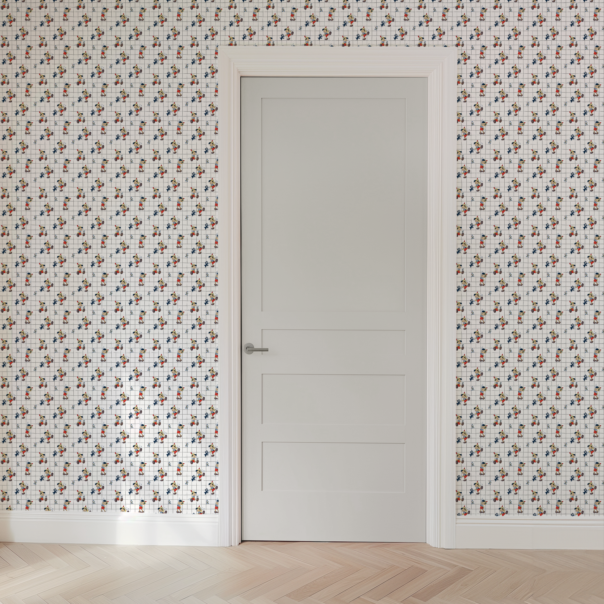 Classic cartoon puppets with red shorts, yellow hats on white grid pattern with small black cat figures wallpaper door mockup