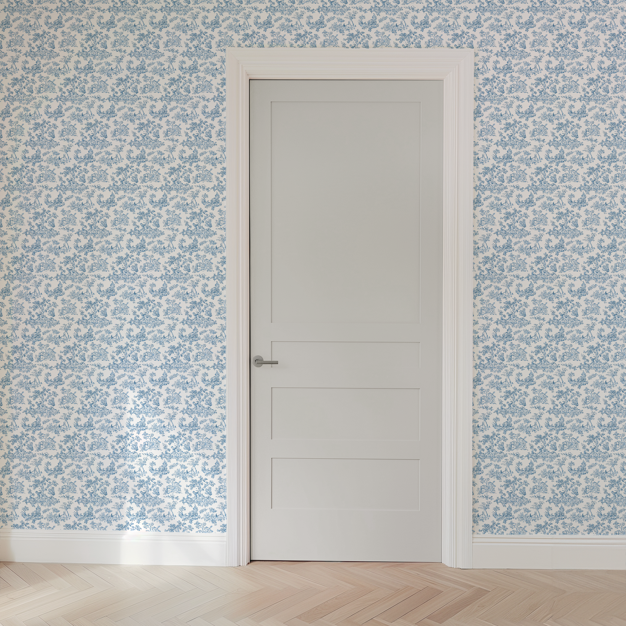 Blue and white toile pattern with delicate floral designs and pastoral scenes on white background wallpaper door mockup
