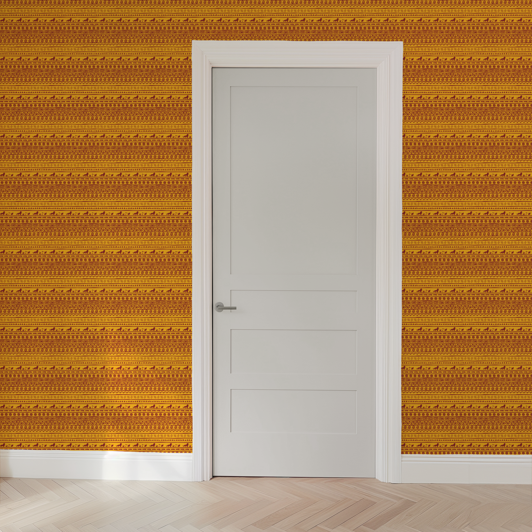 Traditional African pattern in yellow and maroon with spirals, lions, geometric designs, and sun symbols arranged in horizontal bands wallpaper door mockup