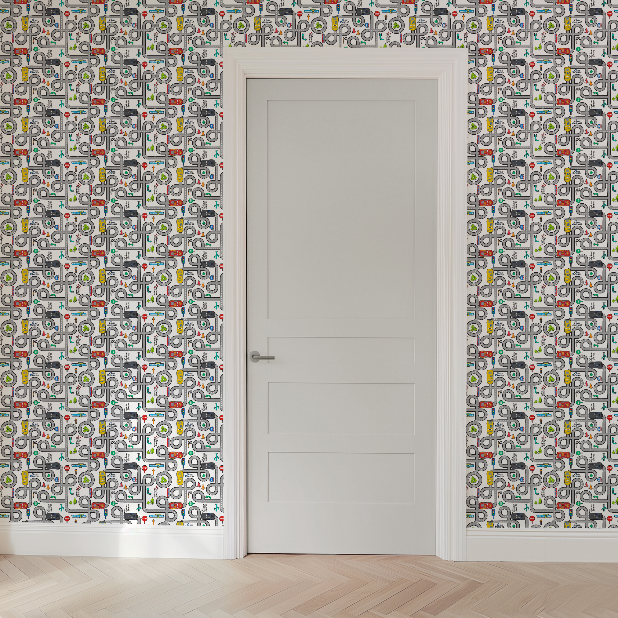 Cartoon road map with cars, traffic signs, and "Cruz Ramirez" label on winding gray streets wallpaper door mockup