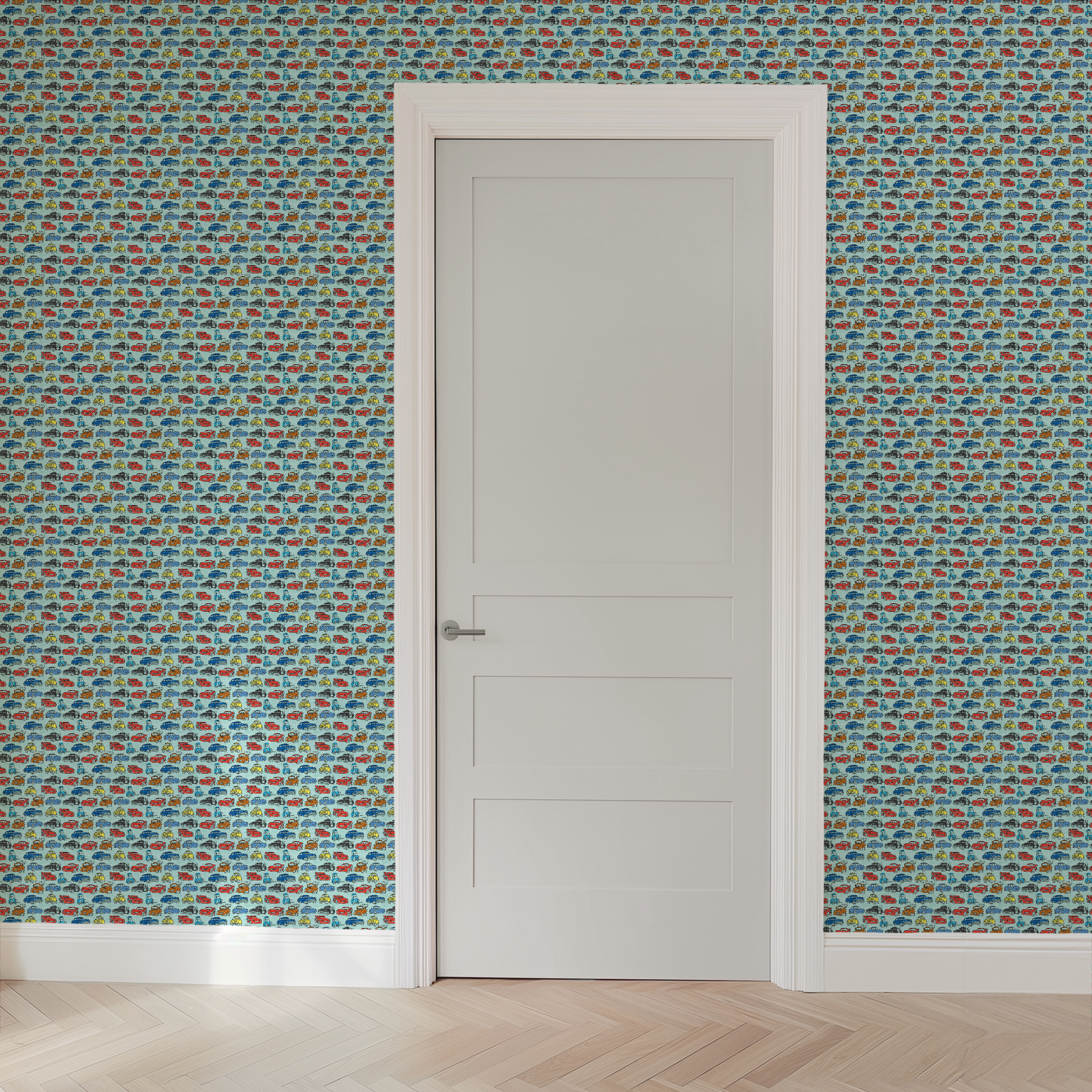 Colorful cartoon cars pattern including red racecars, blue sedans, yellow coupes, and tow trucks on light blue background wallpaper door mockup