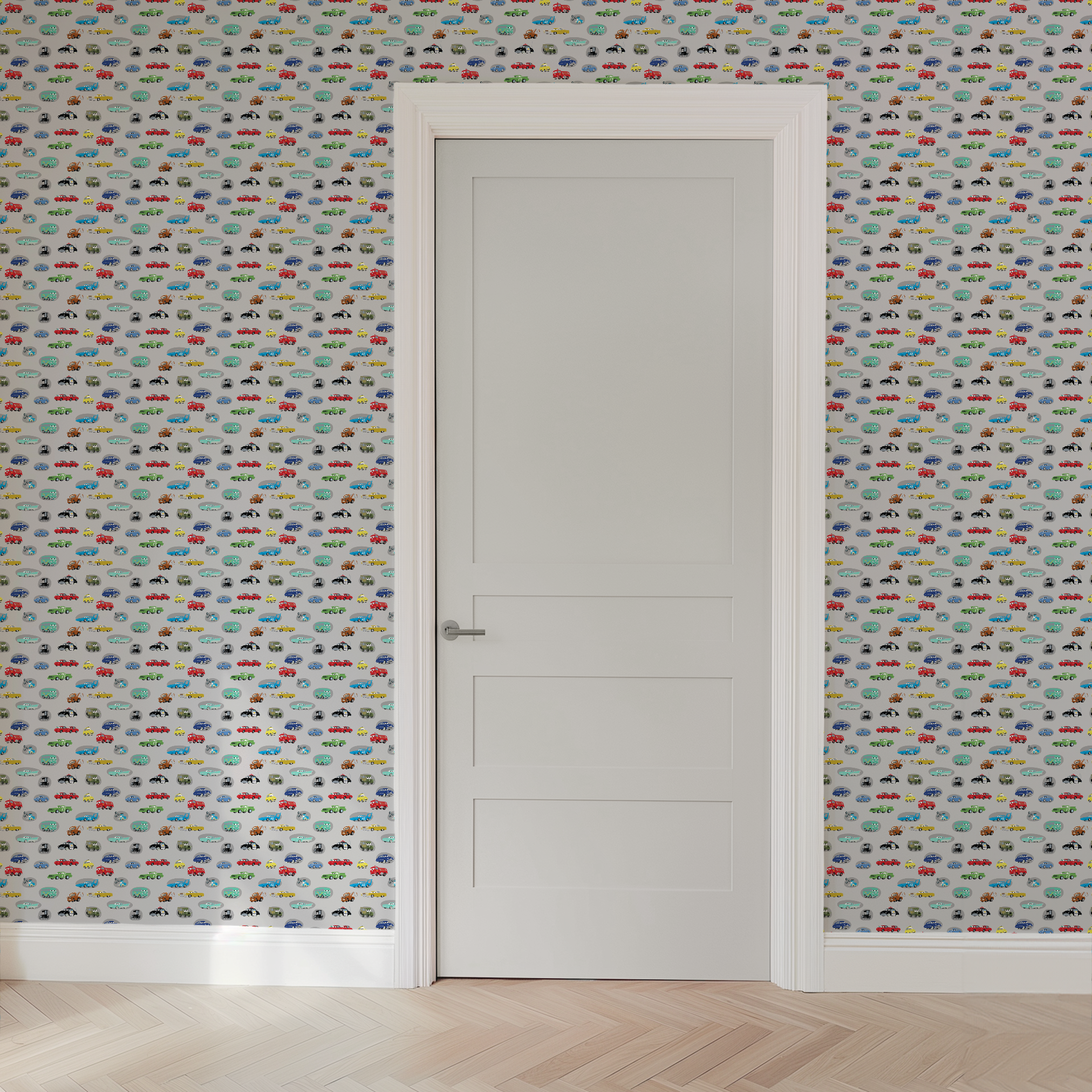 Various cartoon toy cars and vehicles in different colors (red, blue, green, yellow) displayed against a gray background with cute animated faces. wallpaper door mockup