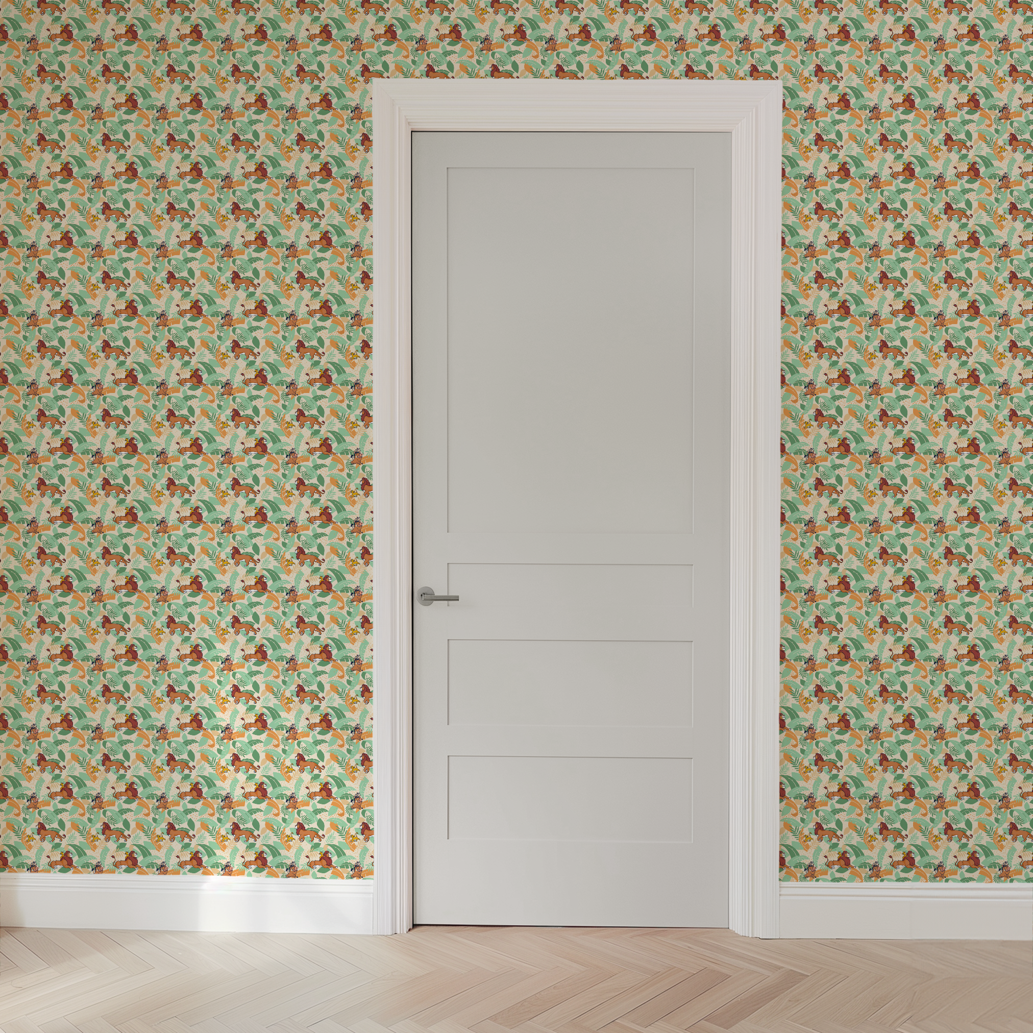 Lion King-inspired pattern with lions and jungle animals amid colorful tropical leaves on cream background wallpaper door mockup