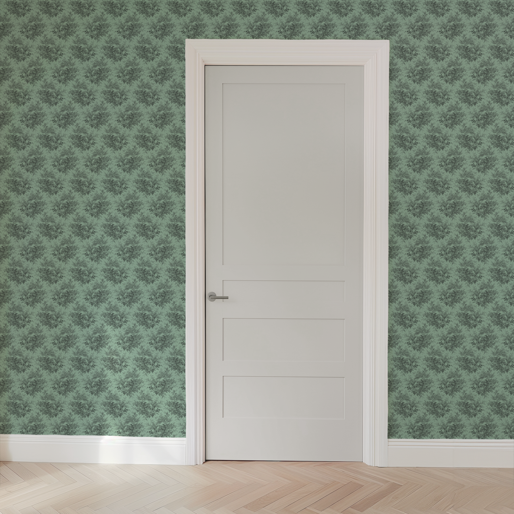 Patterned design featuring scenes of figures near trees, in dark gray on a soft mint green background. wallpaper door mockup