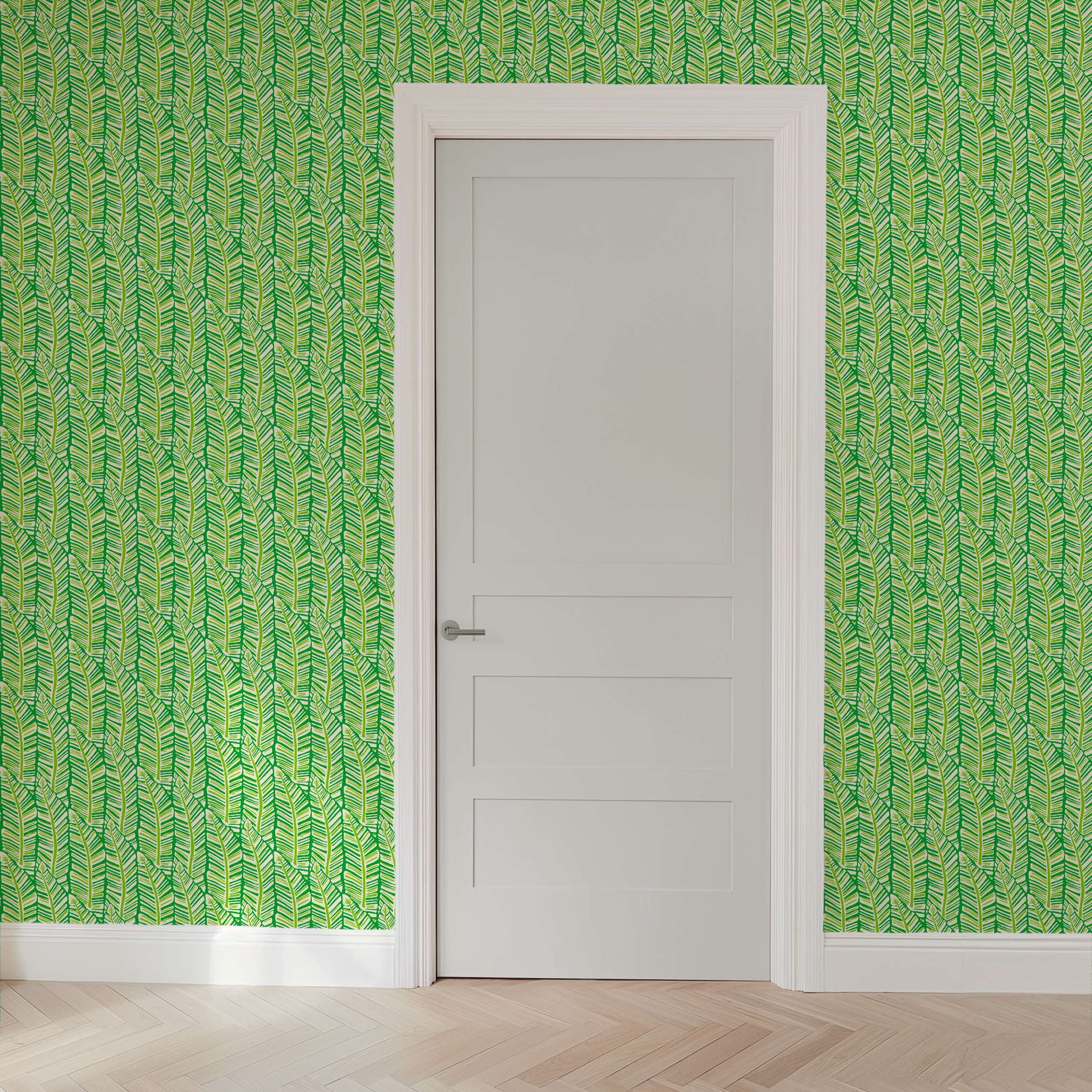 Tropical green palm frond pattern with overlapping leaves in various shades of green and yellow wallpaper door mockup