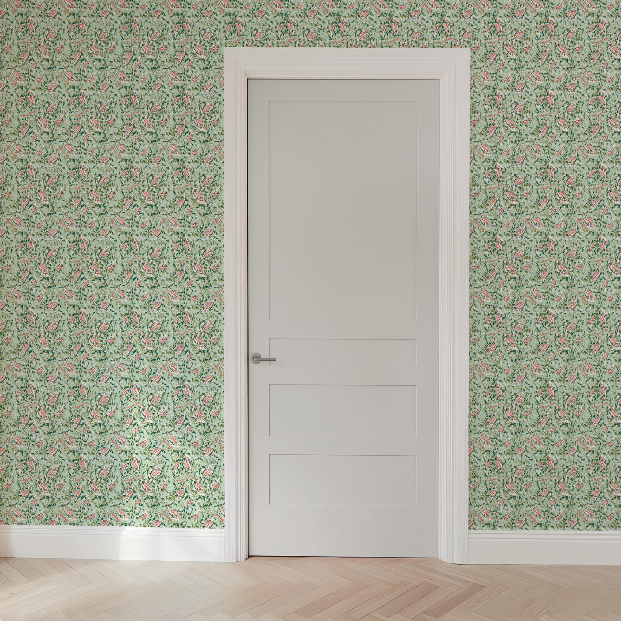 Ornate abstract tropical fish pattern with swirling leaves in vintage Florida style wallpaper door mockup