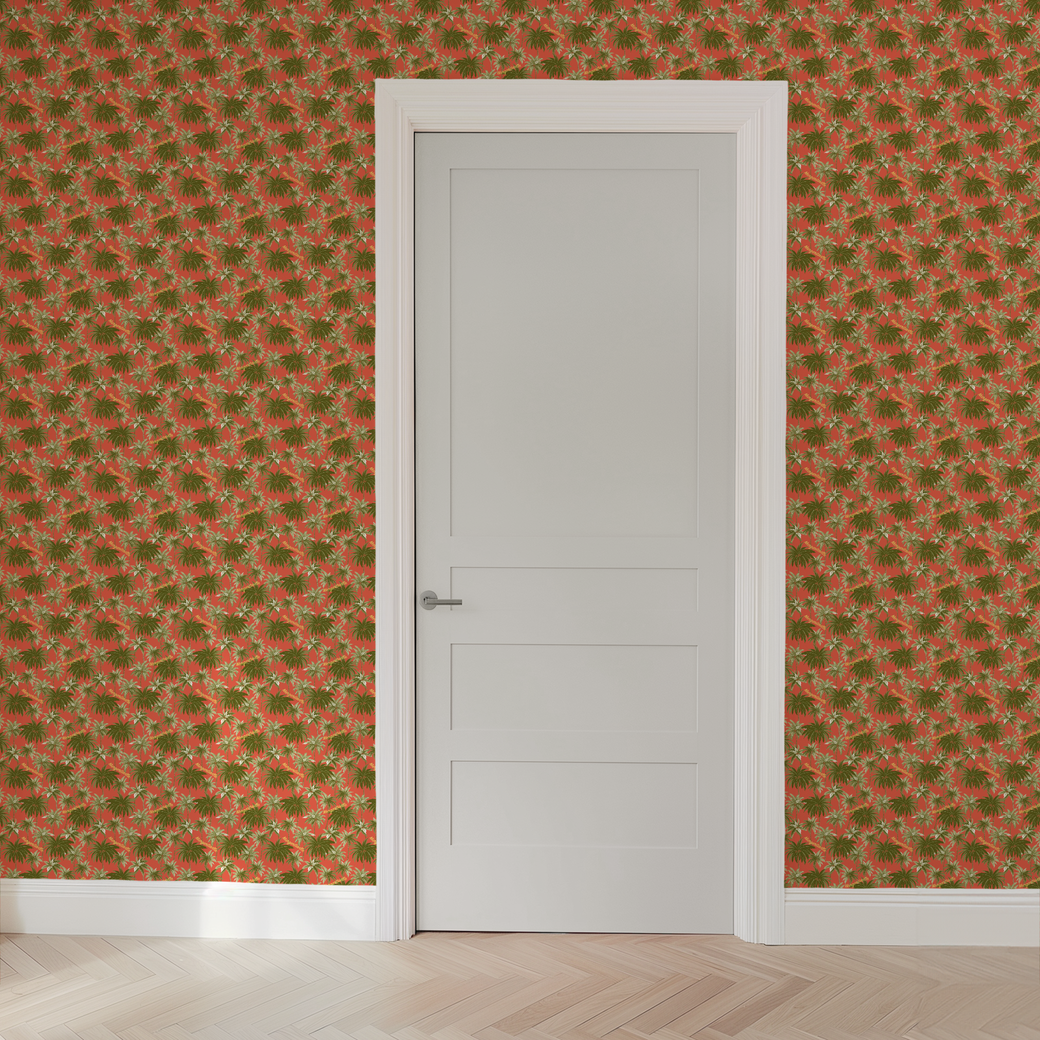 Tropical palm tree pattern on coral background with "Margaritaville" text in gold lettering wallpaper door mockup