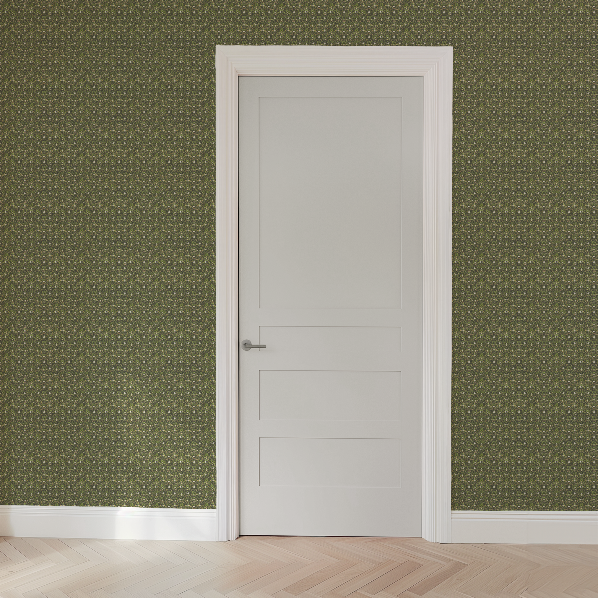Symmetrical botanical pattern with green foliage, white flowers, and brown accents on dark background wallpaper door mockup