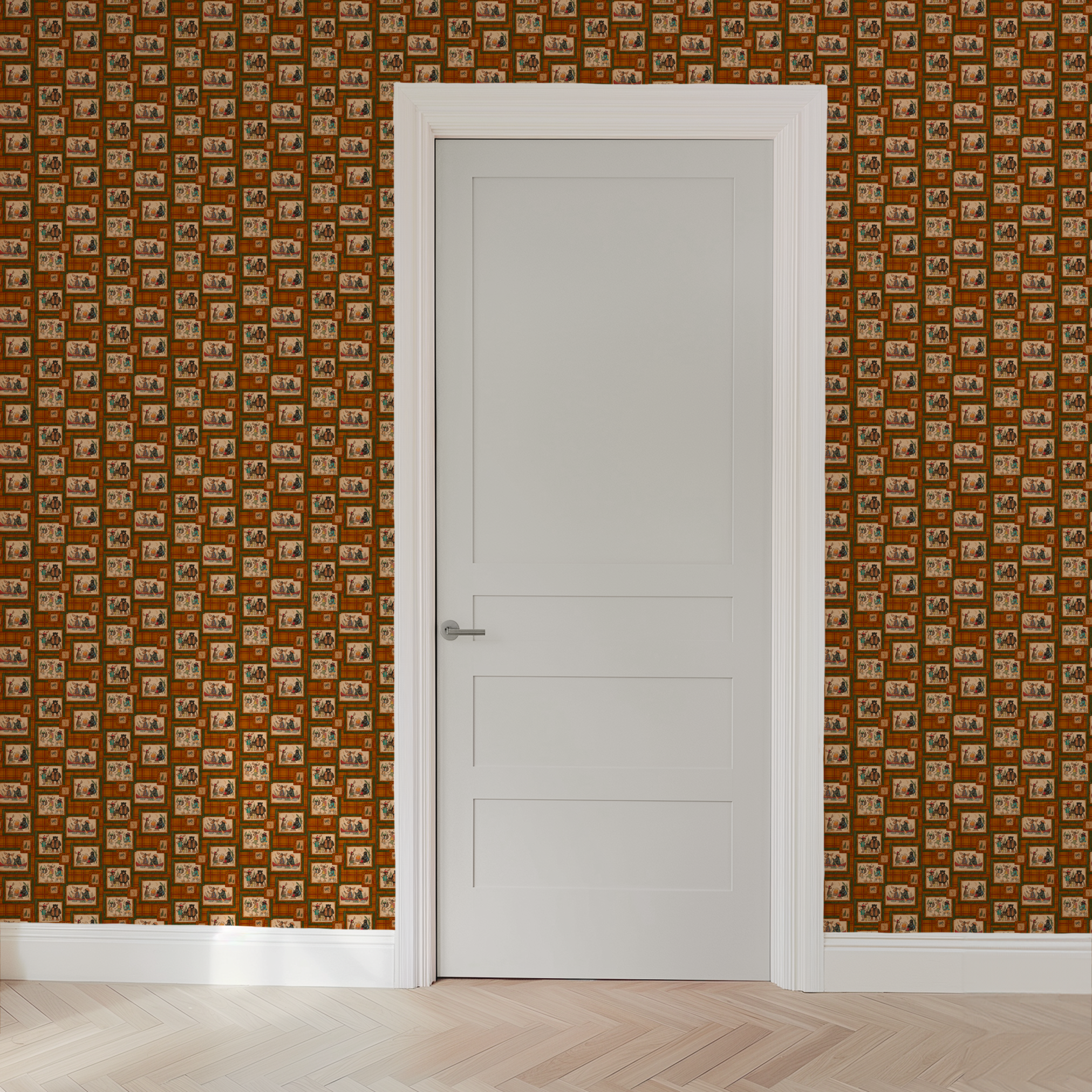 Vintage-style patchwork pattern with framed scenes of people and animals on orange plaid background wallpaper door mockup