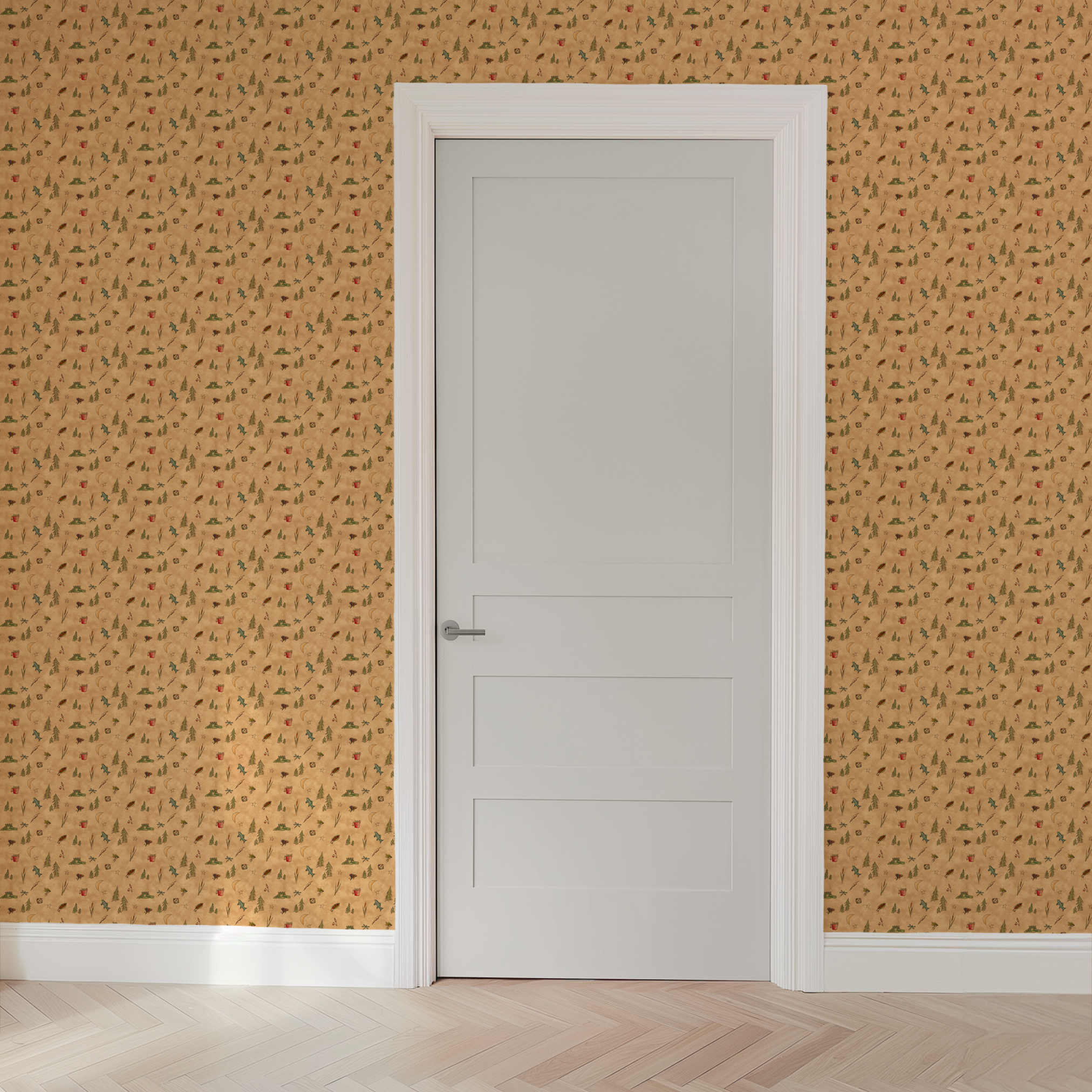Outdoor camping pattern with tents, trees, lanterns, and nature elements on beige background wallpaper door mockup