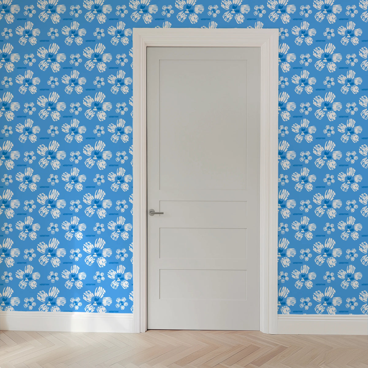 Woodstock Peace, Love, Music Florals on Blue Wallpaper