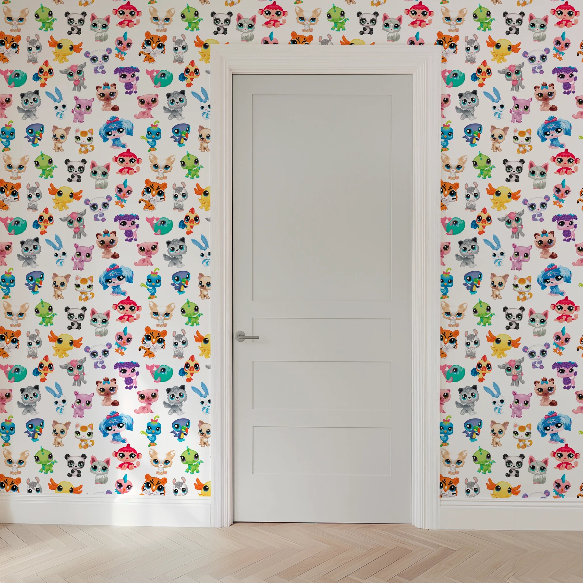 Hasbro Littliest Pet Shop Character Collage on White Wallpaper