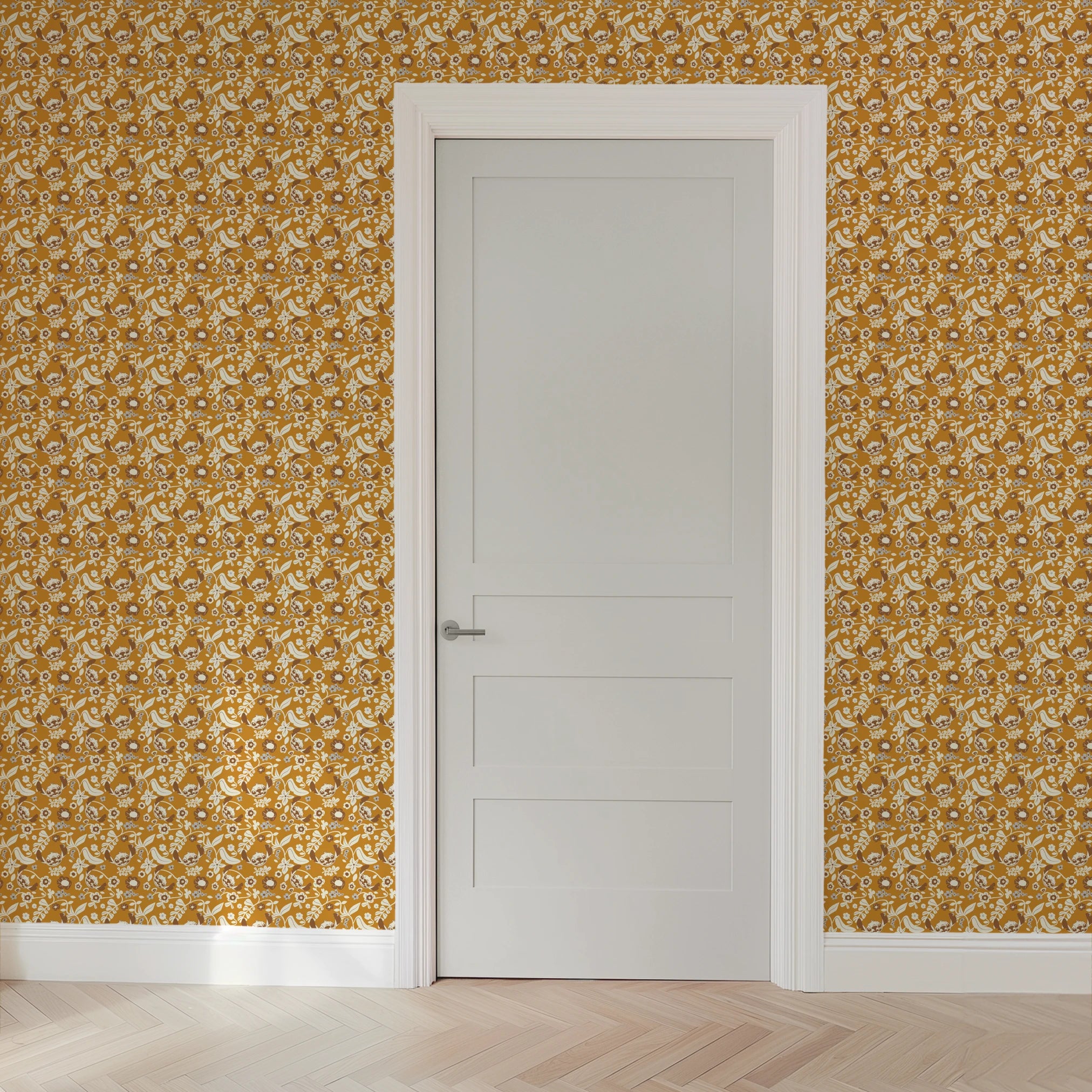Disney Stitch Florals on Yellow Wallpaper