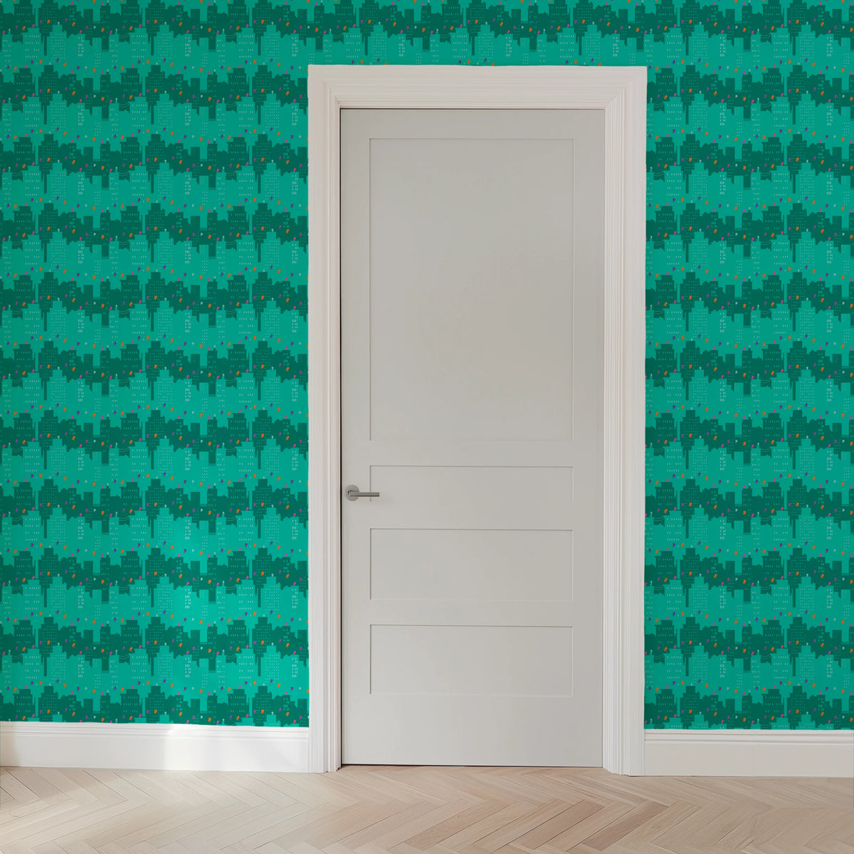 Disney Jr's. SuperKitties Super Skyline on Teal Wallpaper