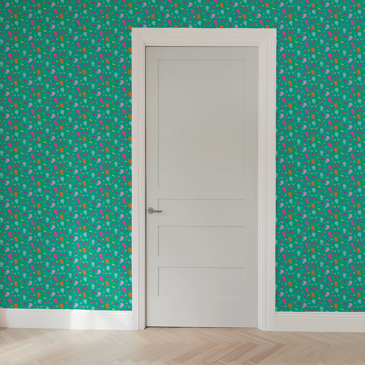 Disney Jr's. SuperKitties Pawsome Characters on Teal Wallpaper