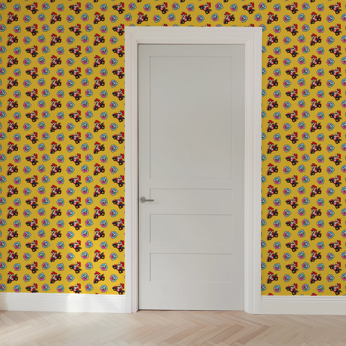 Mario Kart™ World 2D Mario Mystery Box on Yellow Wallpaper