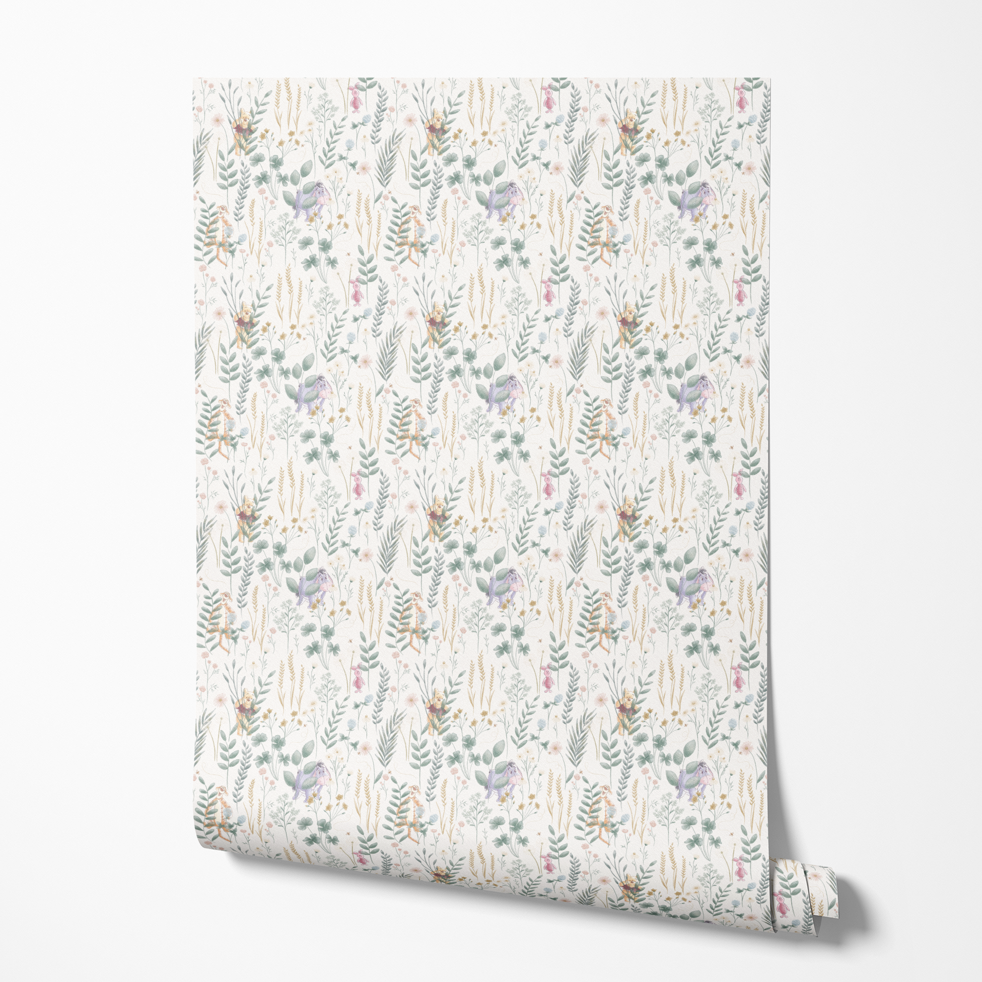 Whimsical botanical pattern with colorful teddy bears and creatures among green plants and flowers wallpaper roll mockup