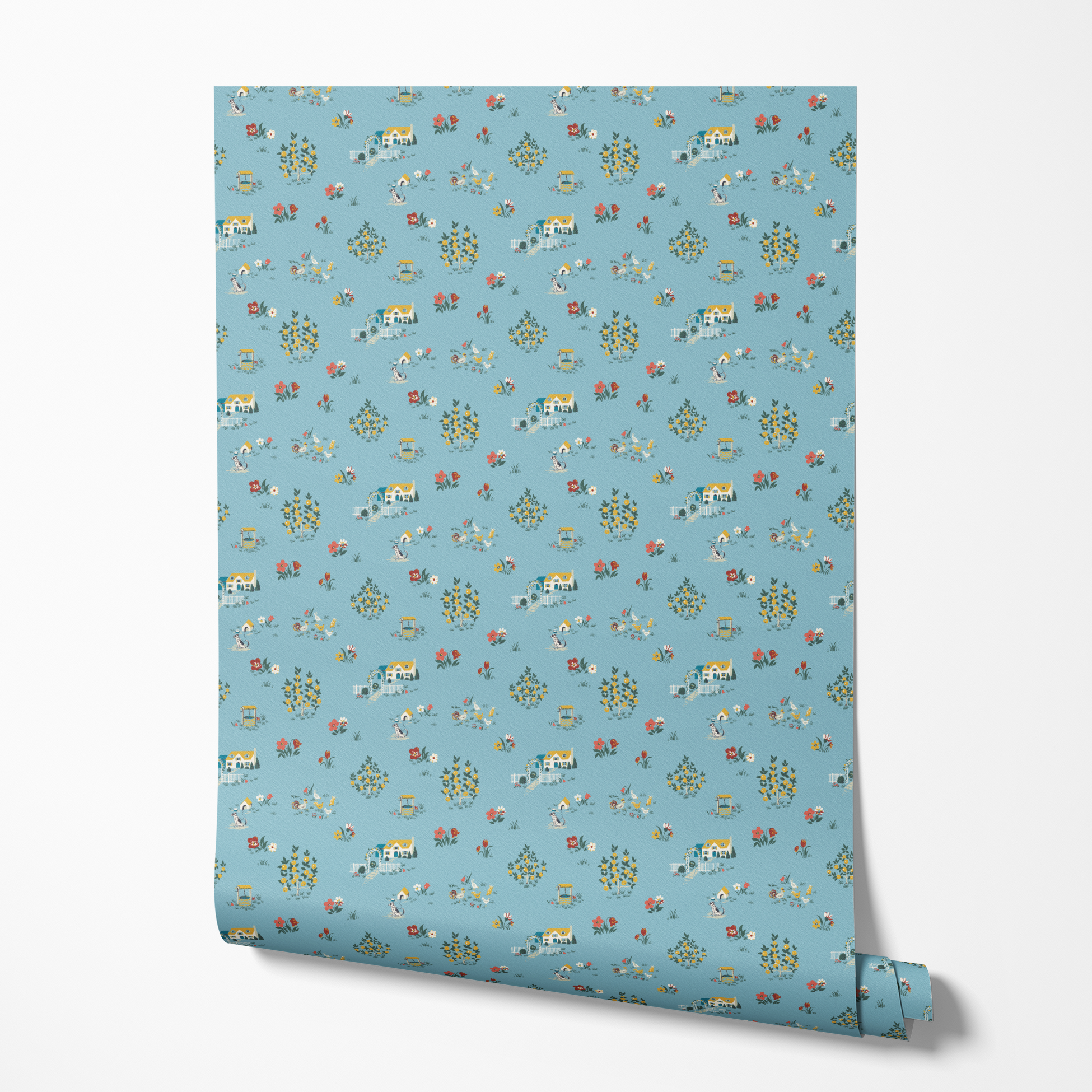 Blue-gray background with repeating folk art pattern of small cottages, white geese, floral clusters, and colorful tulips in yellow and red. wallpaper roll mockup