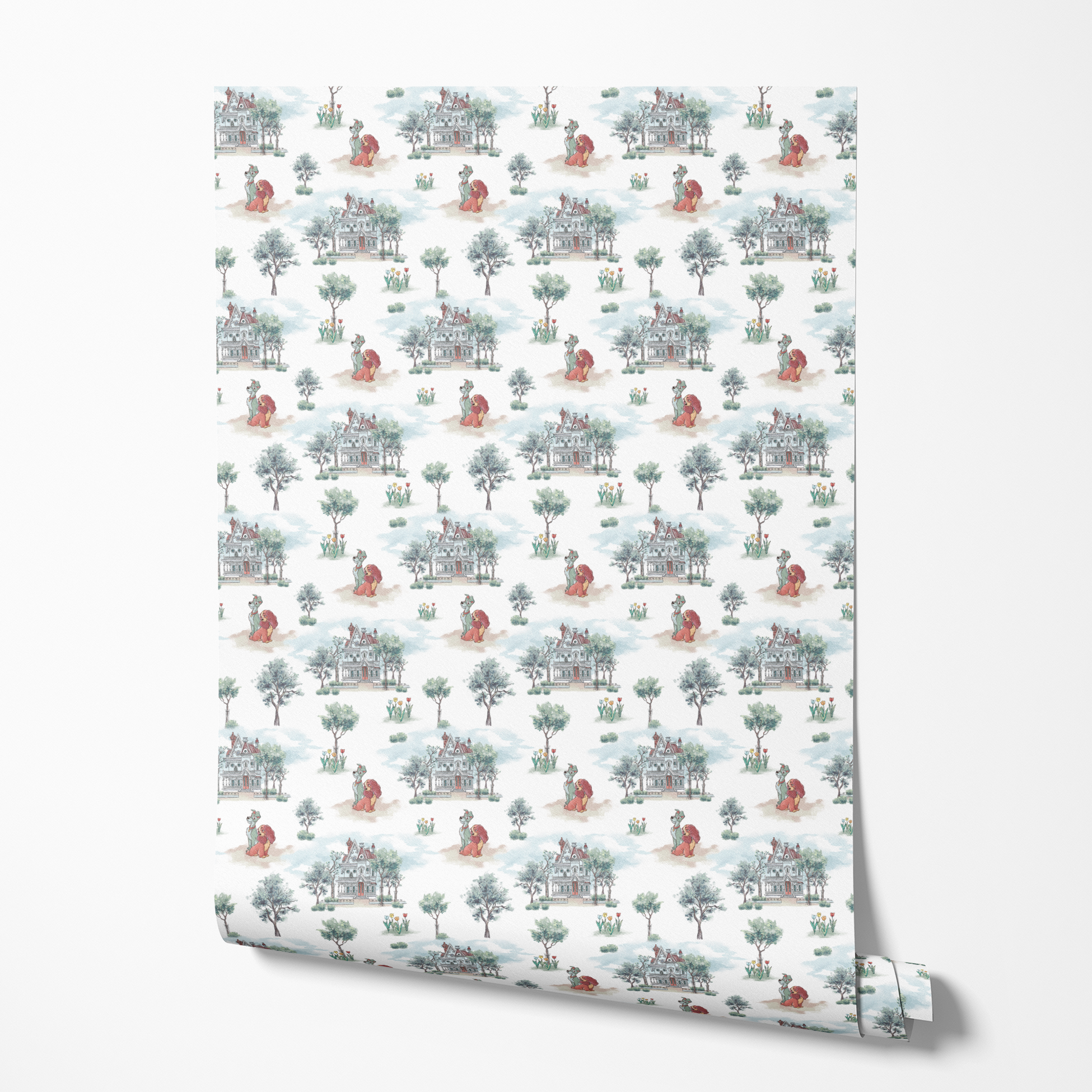 Repeating pattern with Victorian houses, small trees, and cartoon lions with red manes in a soft watercolor style wallpaper roll mockup