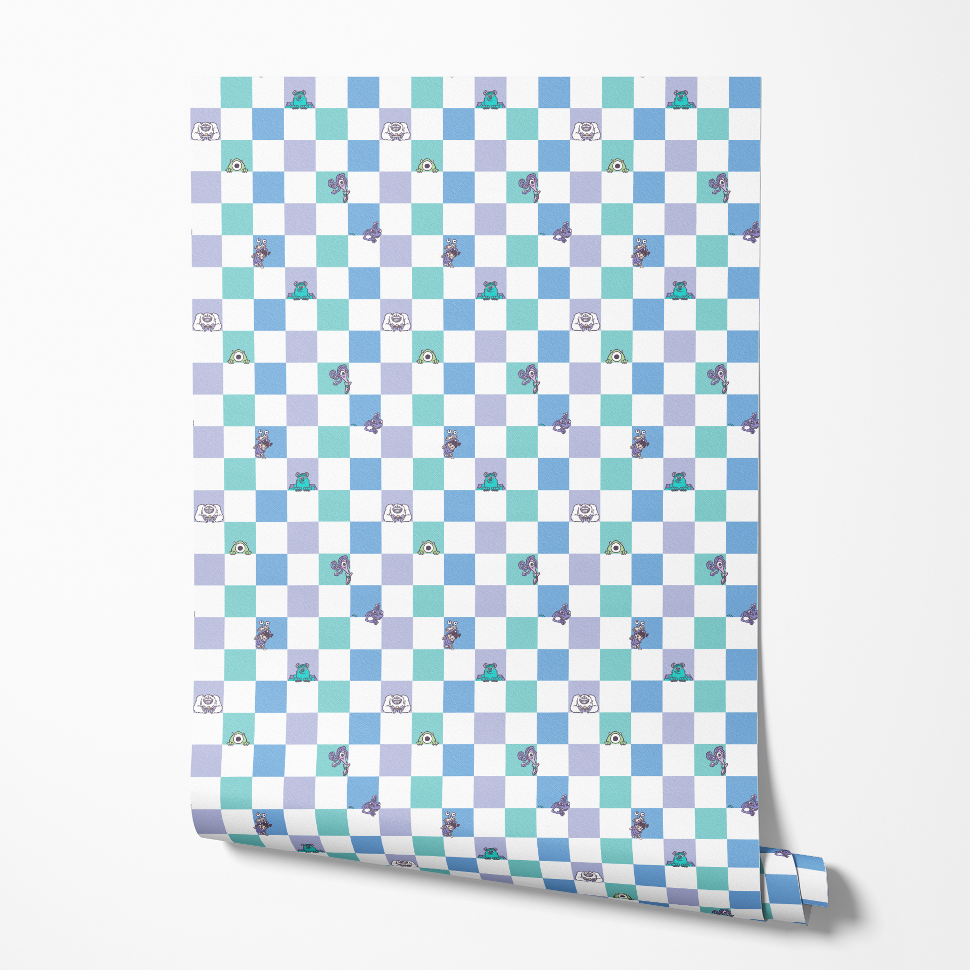Monsters Inc characters on a checkered pattern of white, mint green, light purple, and blue squares wallpaper roll mockup