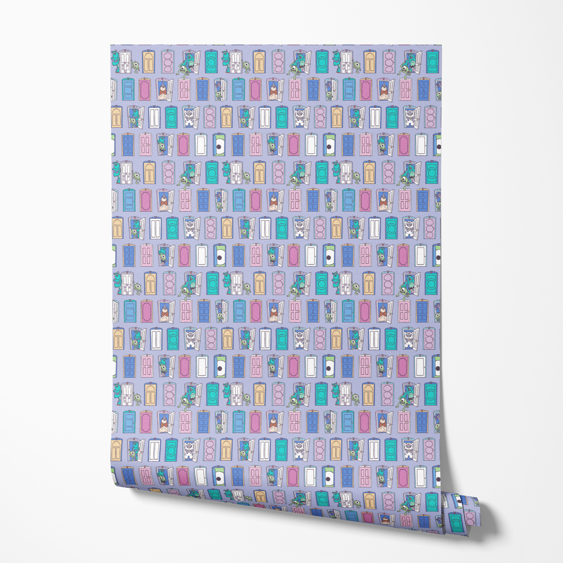 Colorful pattern of cartoon monster characters peeking through various doors in purple, blue, pink, and green on a lavender background. wallpaper roll mockup