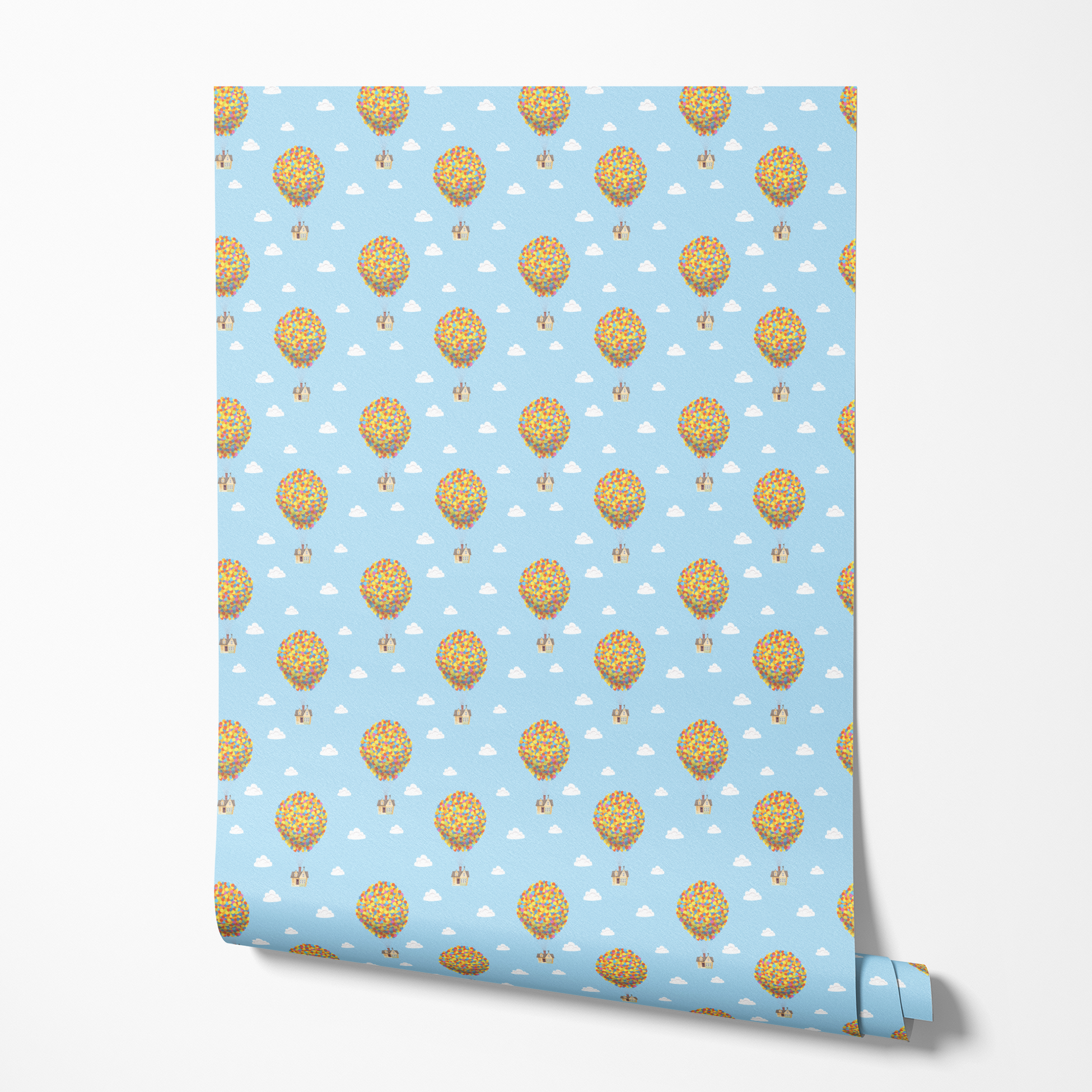 Repeating Up pattern of houses lifted by colorful balloon clusters against a light blue sky with white clouds wallpaper roll mockup