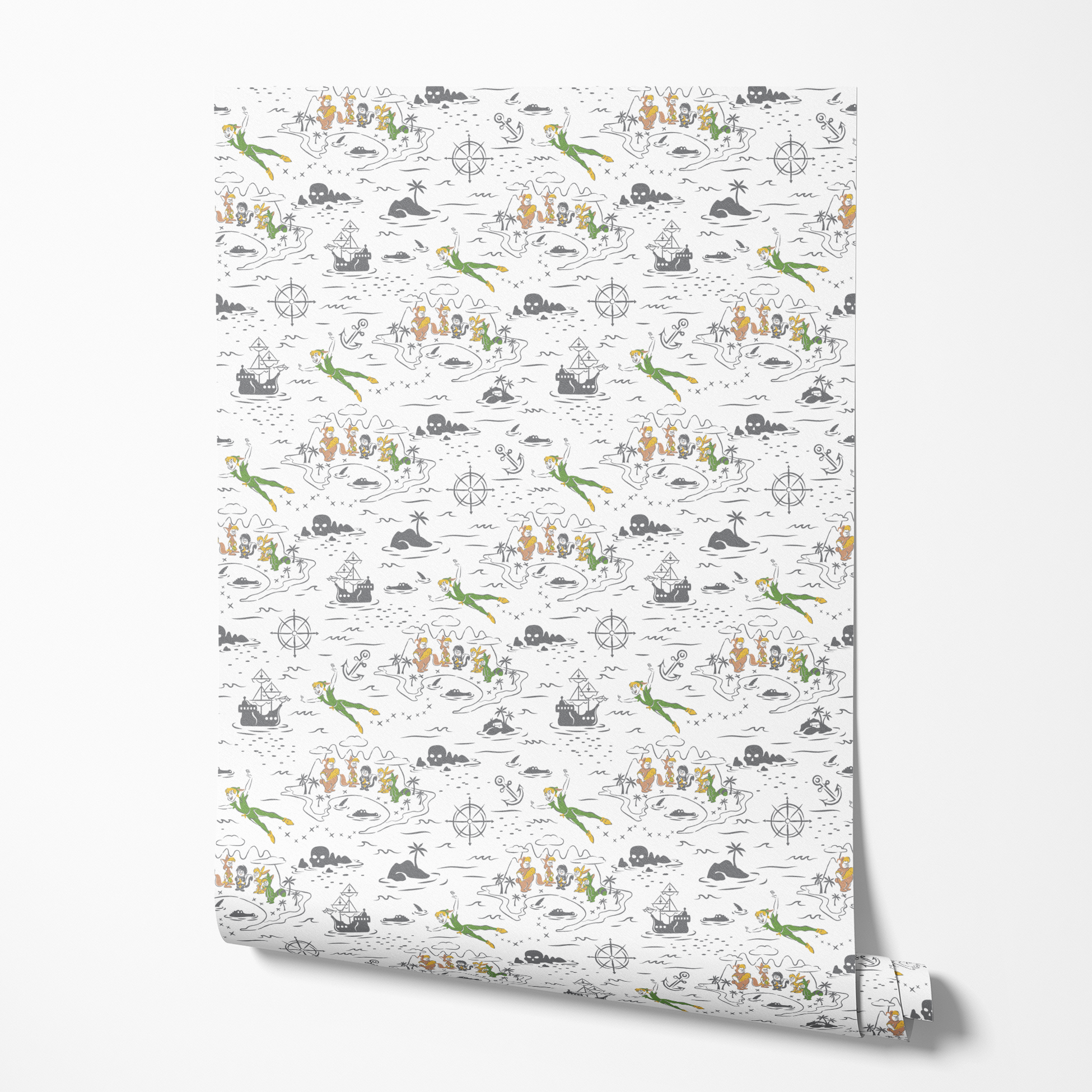 Peter Pan-inspired pattern with islands, ships, mermaids, compass roses, and pirate symbols in green, orange, and gray on white background wallpaper roll mockup