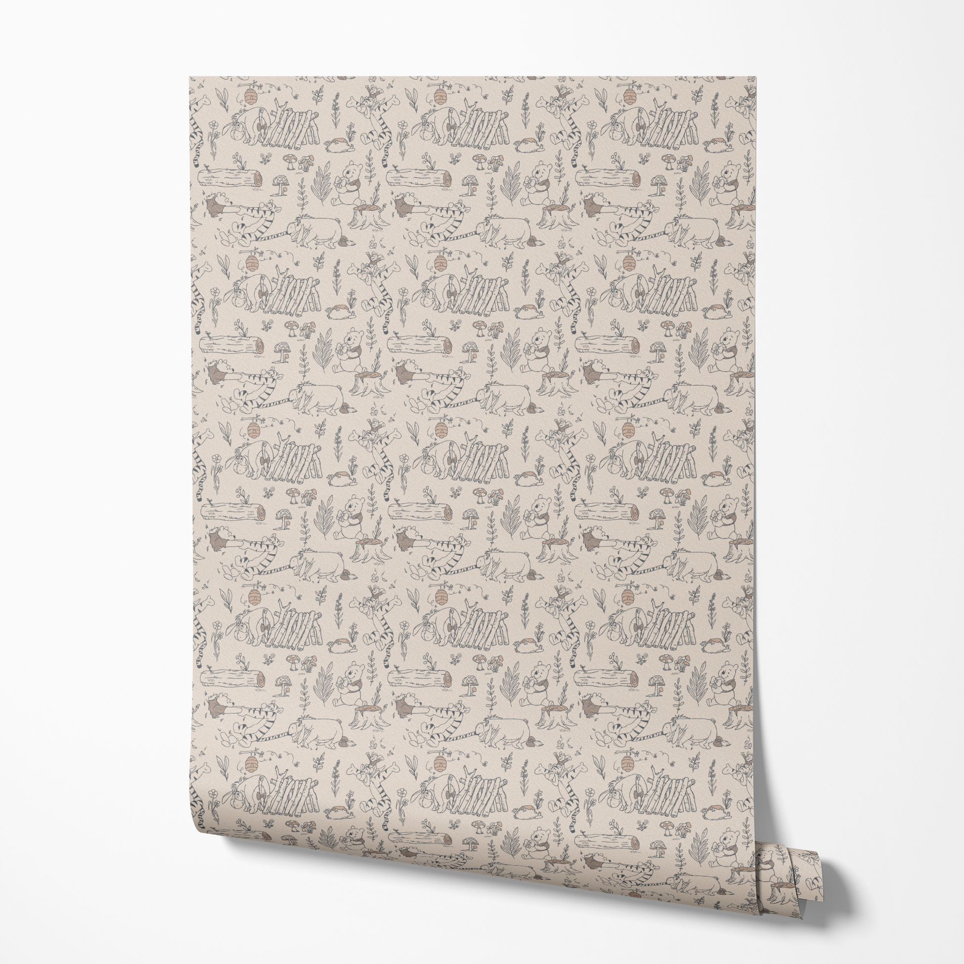 Whimsical illustrated pattern of woodland animals, logs, and plants in black line art on beige background wallpaper roll mockup