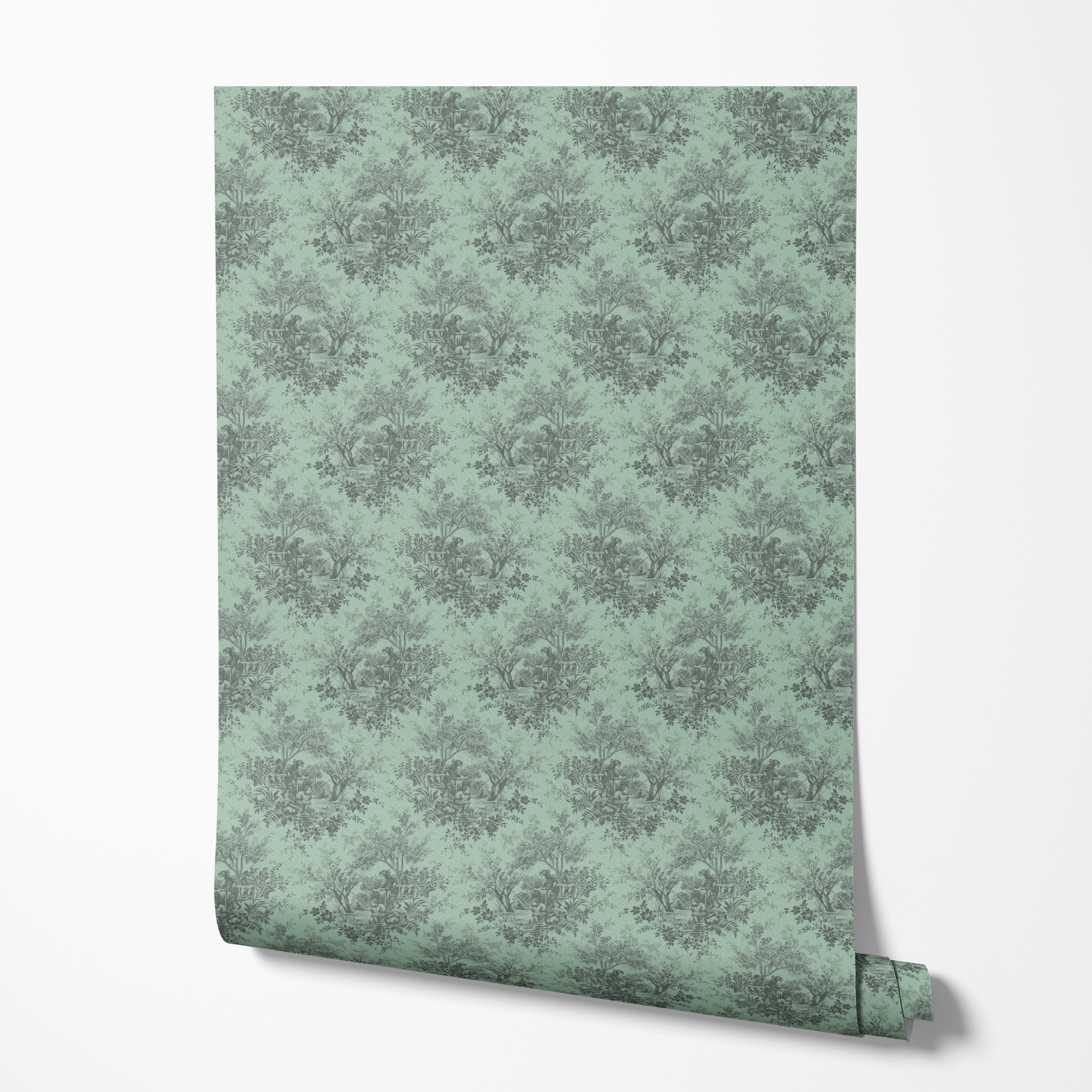 Patterned design featuring scenes of figures near trees, in dark gray on a soft mint green background. wallpaper roll mockup