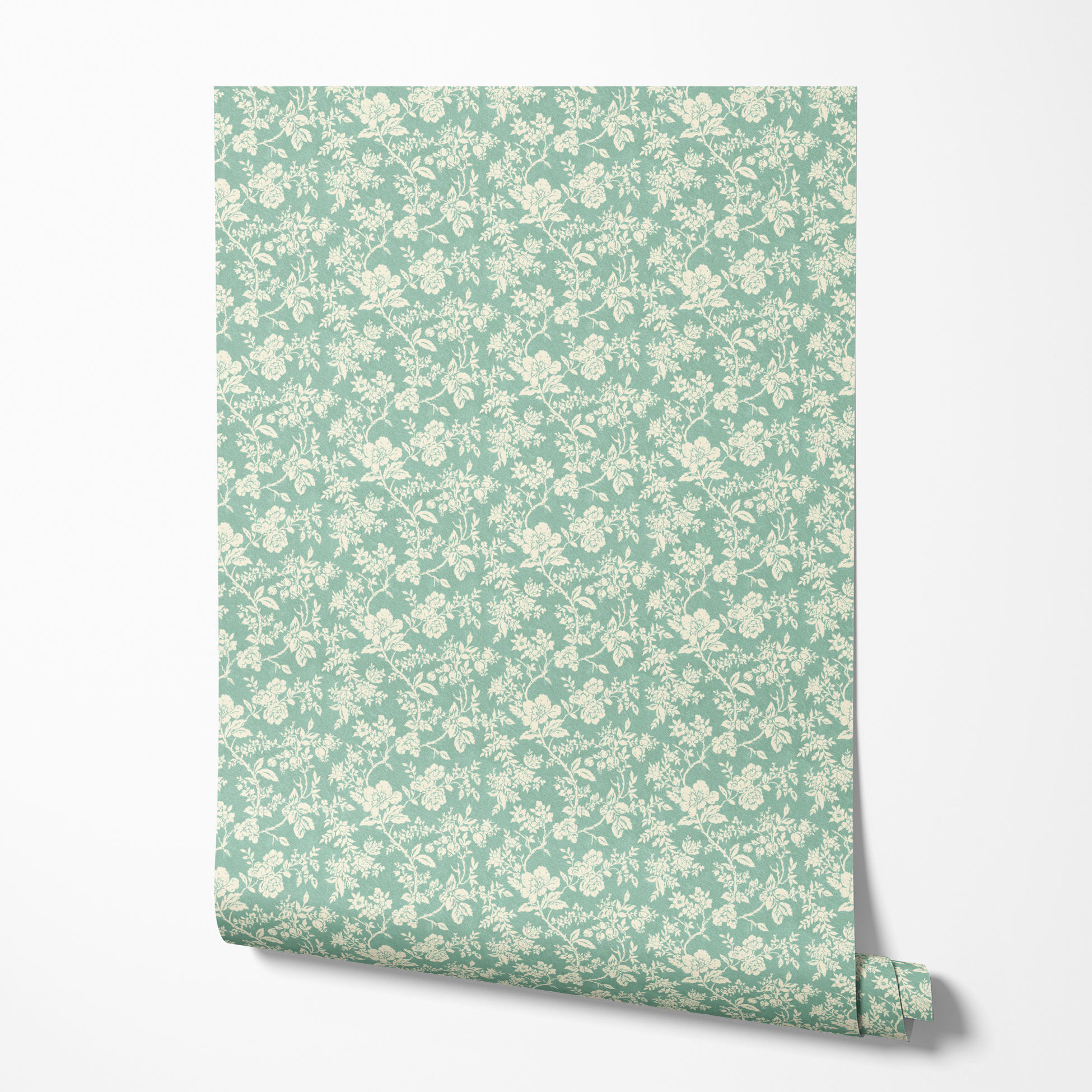A floral pattern with white flowers and leaves on a soft teal background, featuring a delicate, repeating design. wallpaper roll mockup
