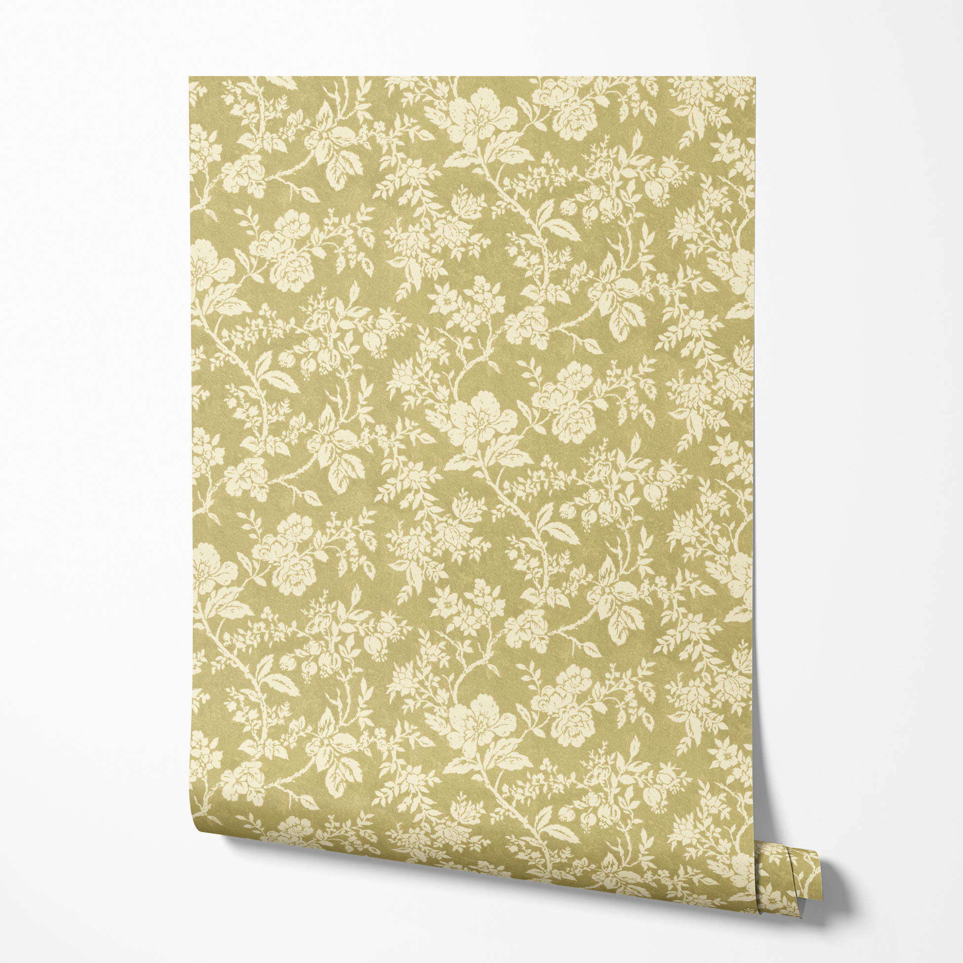 Vintage floral pattern with cream flowers and foliage on olive green background wallpaper roll mockup