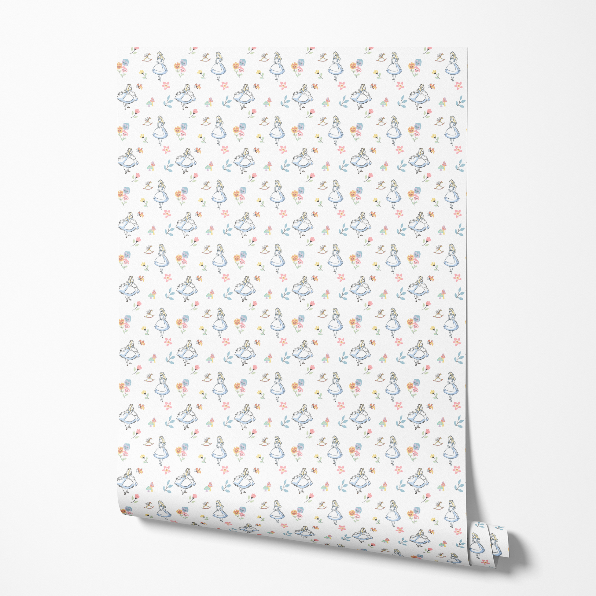 Whimsical pattern featuring character in blue dress with flowers, mushrooms, and rocking horse wallpaper roll mockup