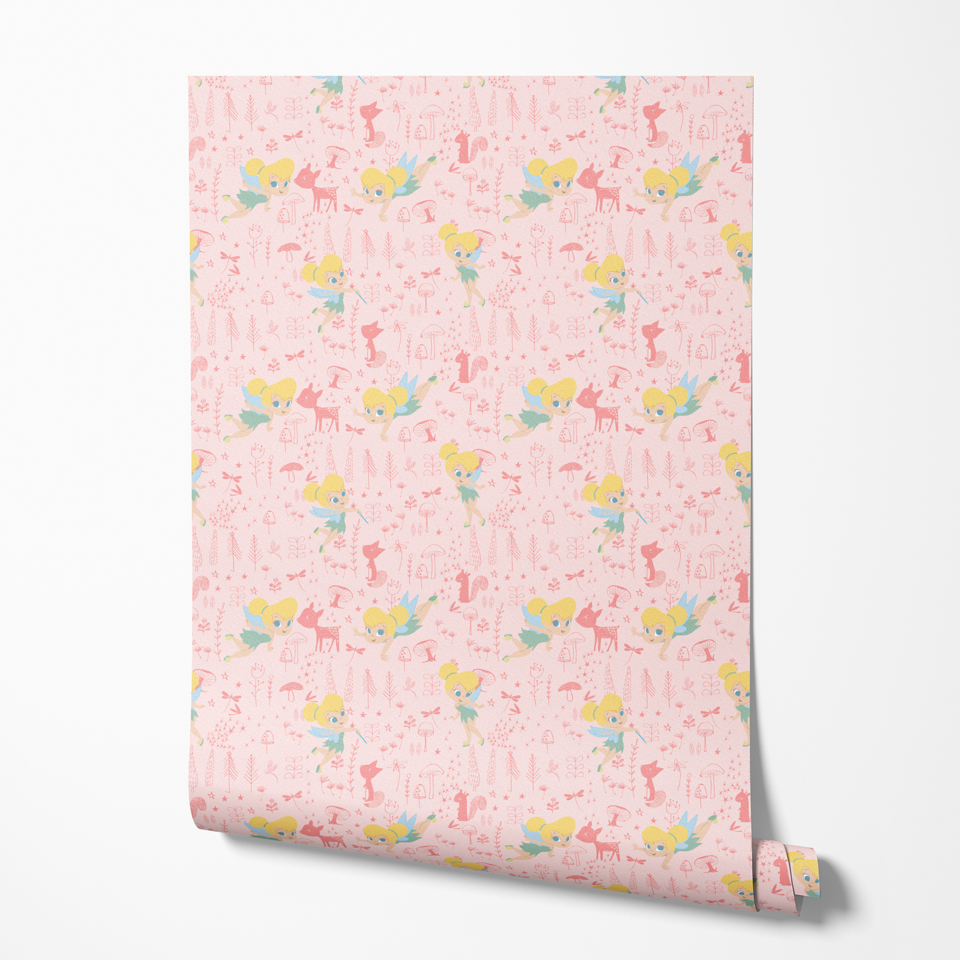 Pink whimsical pattern with cartoon fairy characters, forest animals, mushrooms, and plants in pastel colors wallpaper roll mockup