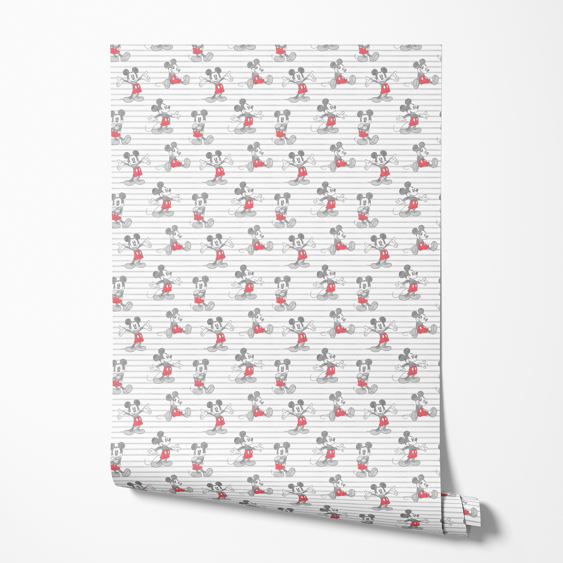 Mickey Mouse cartoon characters in various poses on gray and white striped background wallpaper roll mockup