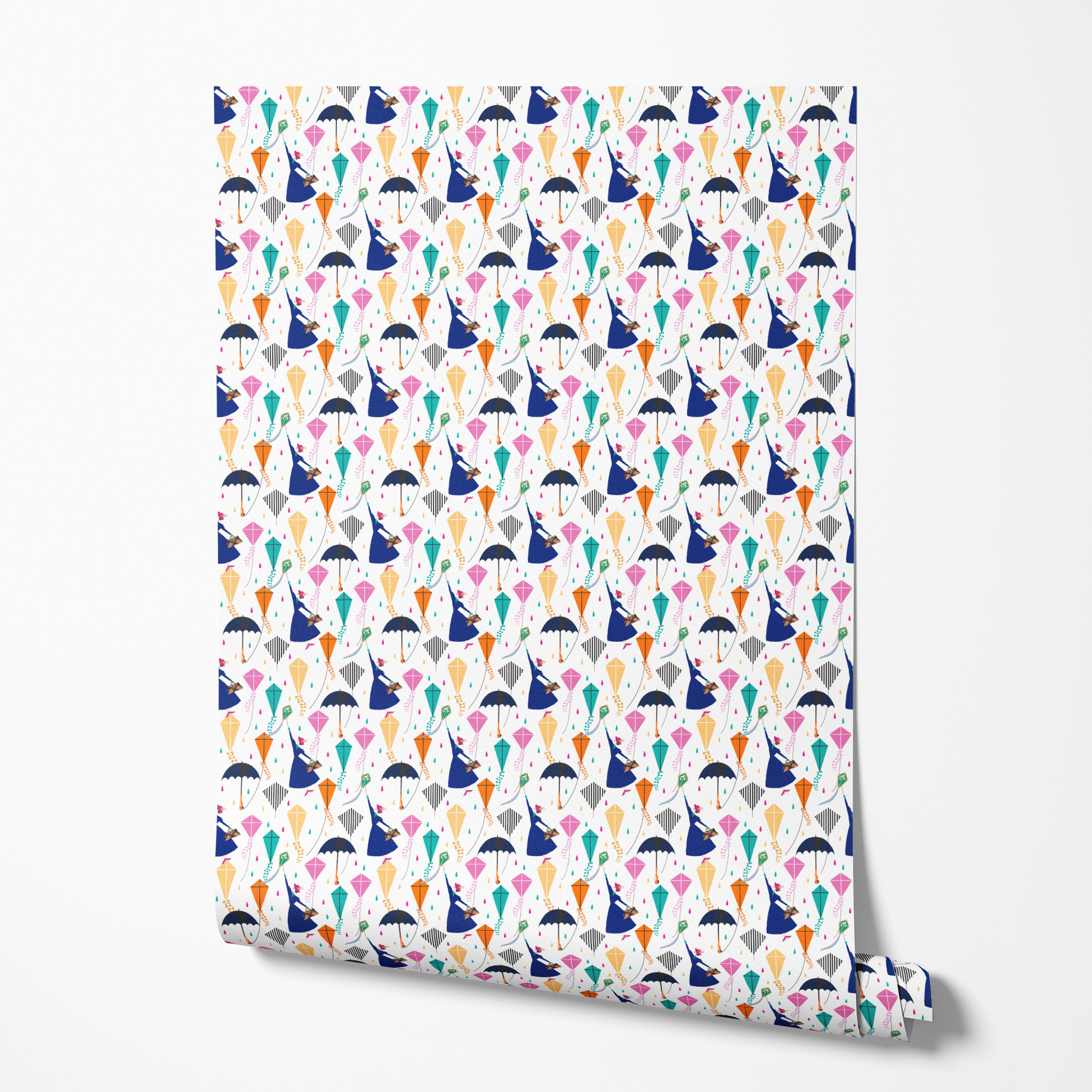Colorful Mary Poppins pattern with umbrellas, featuring pink, orange, turquoise kites and navy umbrellas on white background wallpaper roll mockup