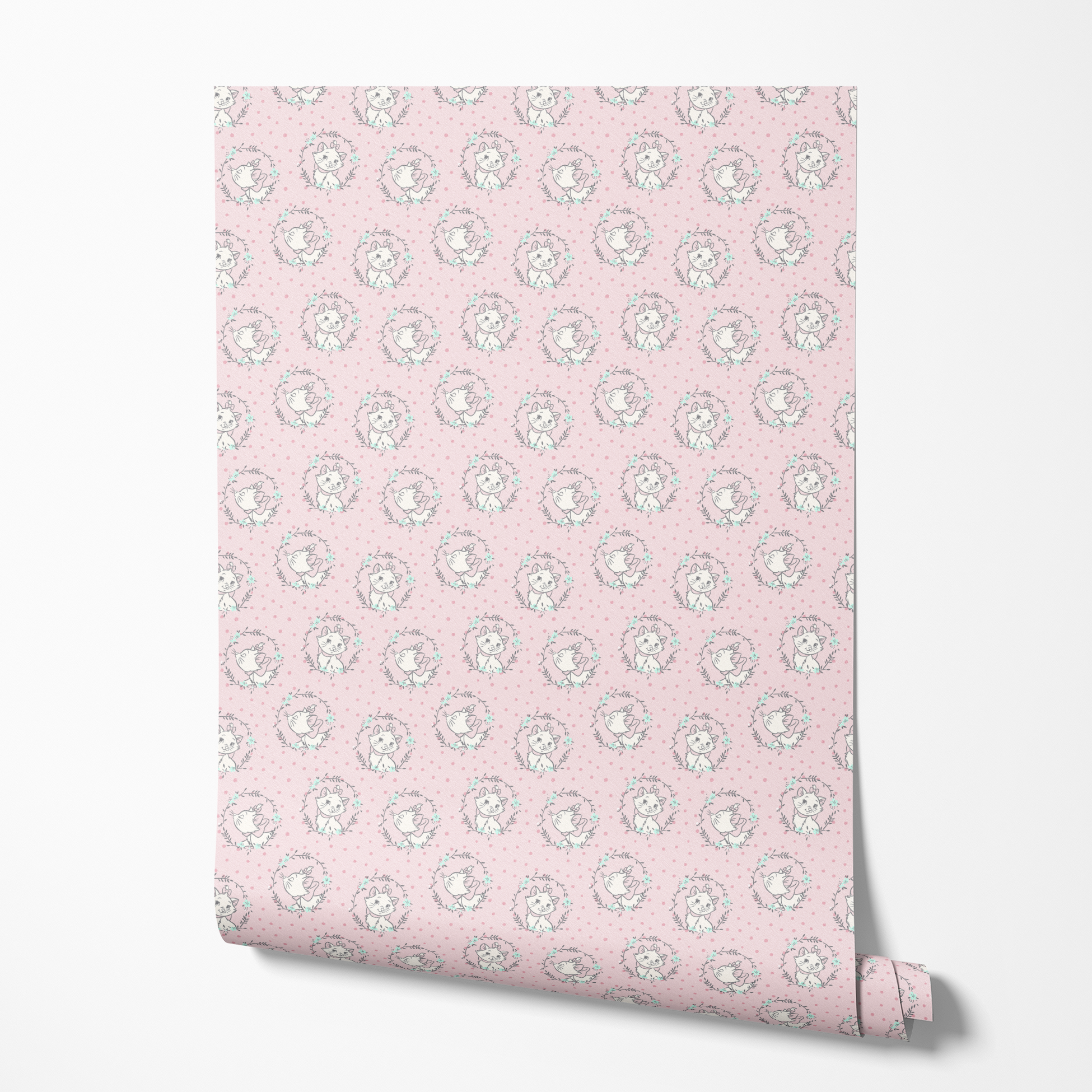 White cartoon cats in floral wreaths on pink polka dot background, seamless pattern wallpaper roll mockup