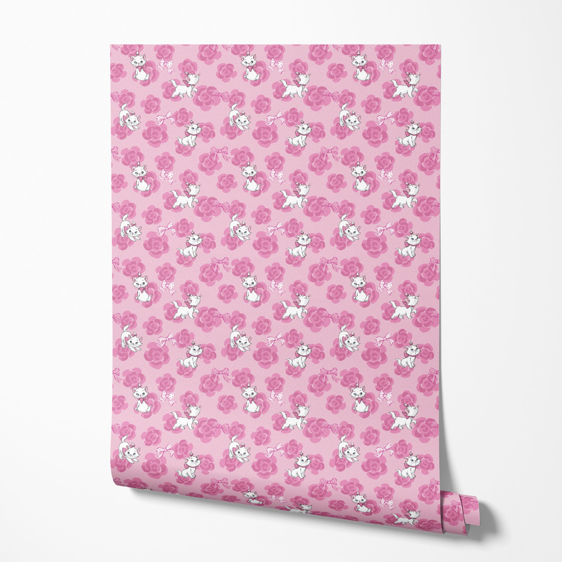 Marie from The Aristocats playing on pink rose pattern background wallpaper roll mockup