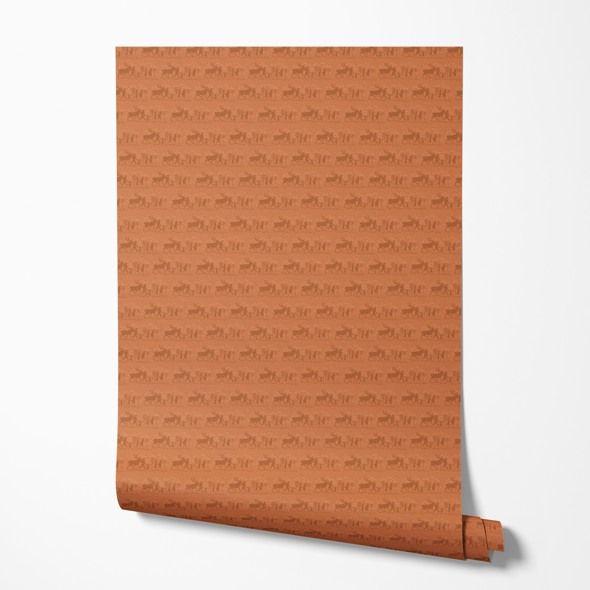 Repeating brown pattern with silhouettes of Frozen characters and trees in a rustic woodland scene wallpaper roll mockup