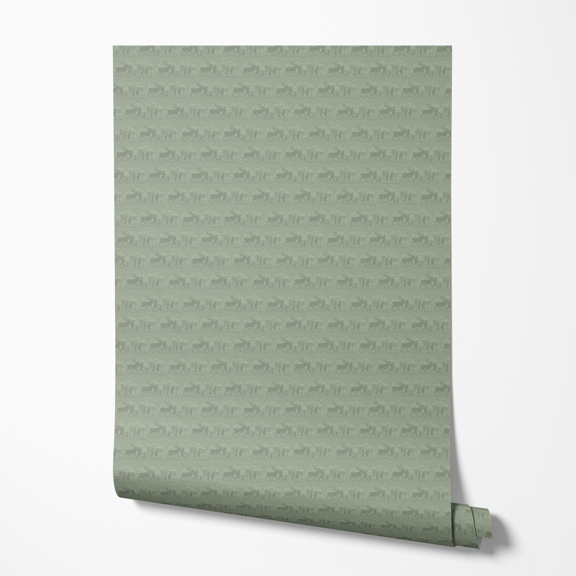 Muted green patterned design with repeating silhouettes of Frozen characters in horizontal bands wallpaper roll mockup