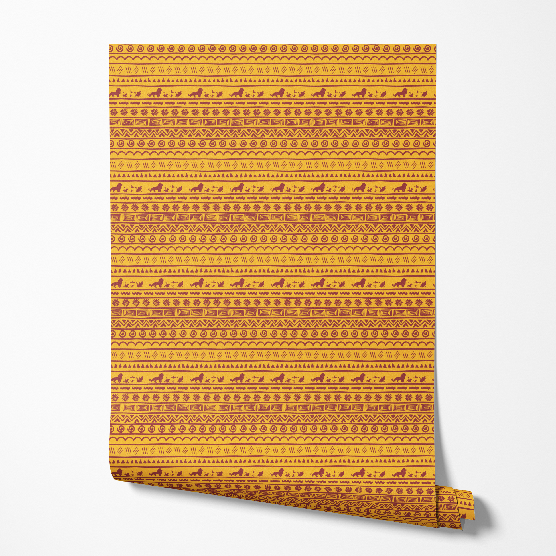 Traditional African pattern in yellow and maroon with spirals, lions, geometric designs, and sun symbols arranged in horizontal bands wallpaper roll mockup