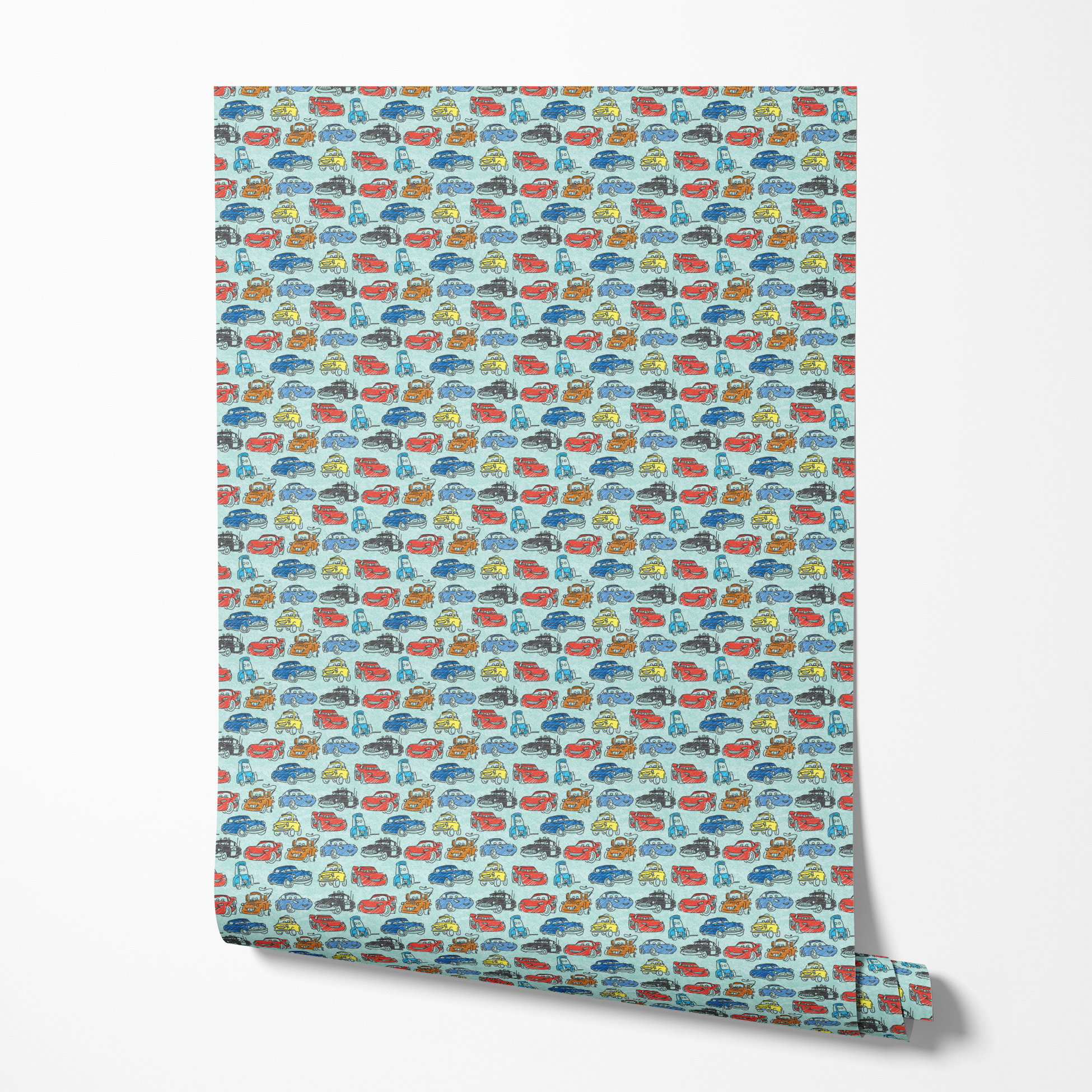 Colorful cartoon cars pattern including red racecars, blue sedans, yellow coupes, and tow trucks on light blue background wallpaper roll mockup