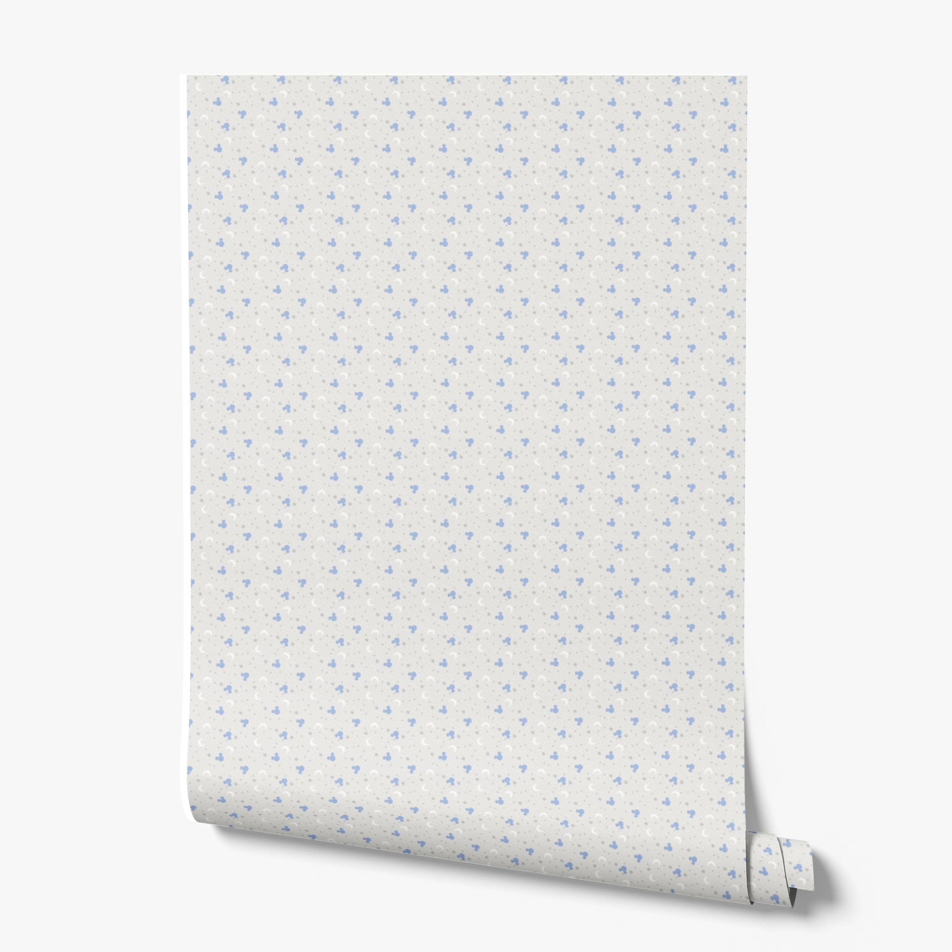 Blue Mickey Mouse silhouettes with white moons and gray stars on light gray background wallpaper roll mockup