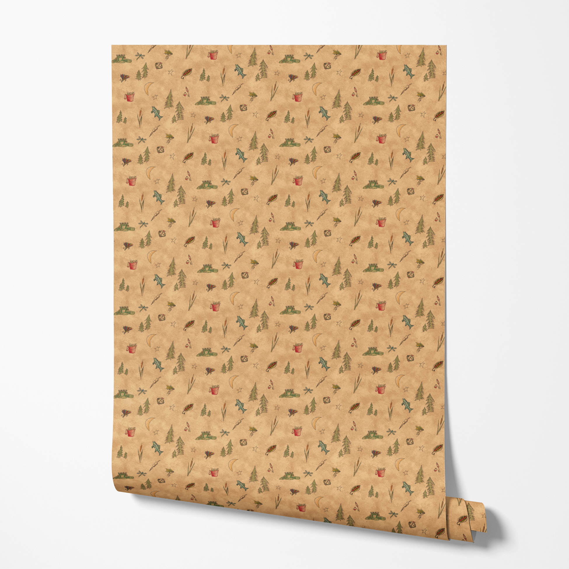 Outdoor camping pattern with tents, trees, lanterns, and nature elements on beige background wallpaper roll mockup