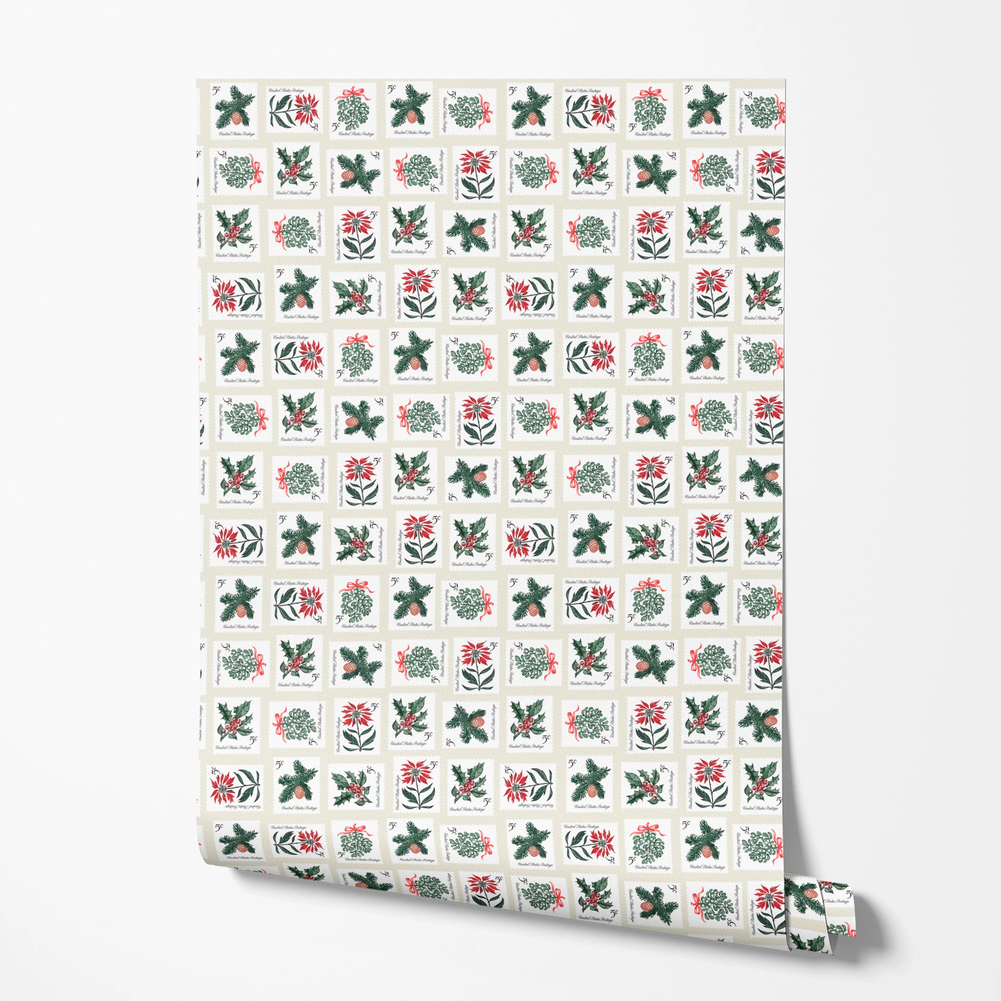 USPS Holiday Botanicals Stamp Collage on Cream Wallpaper