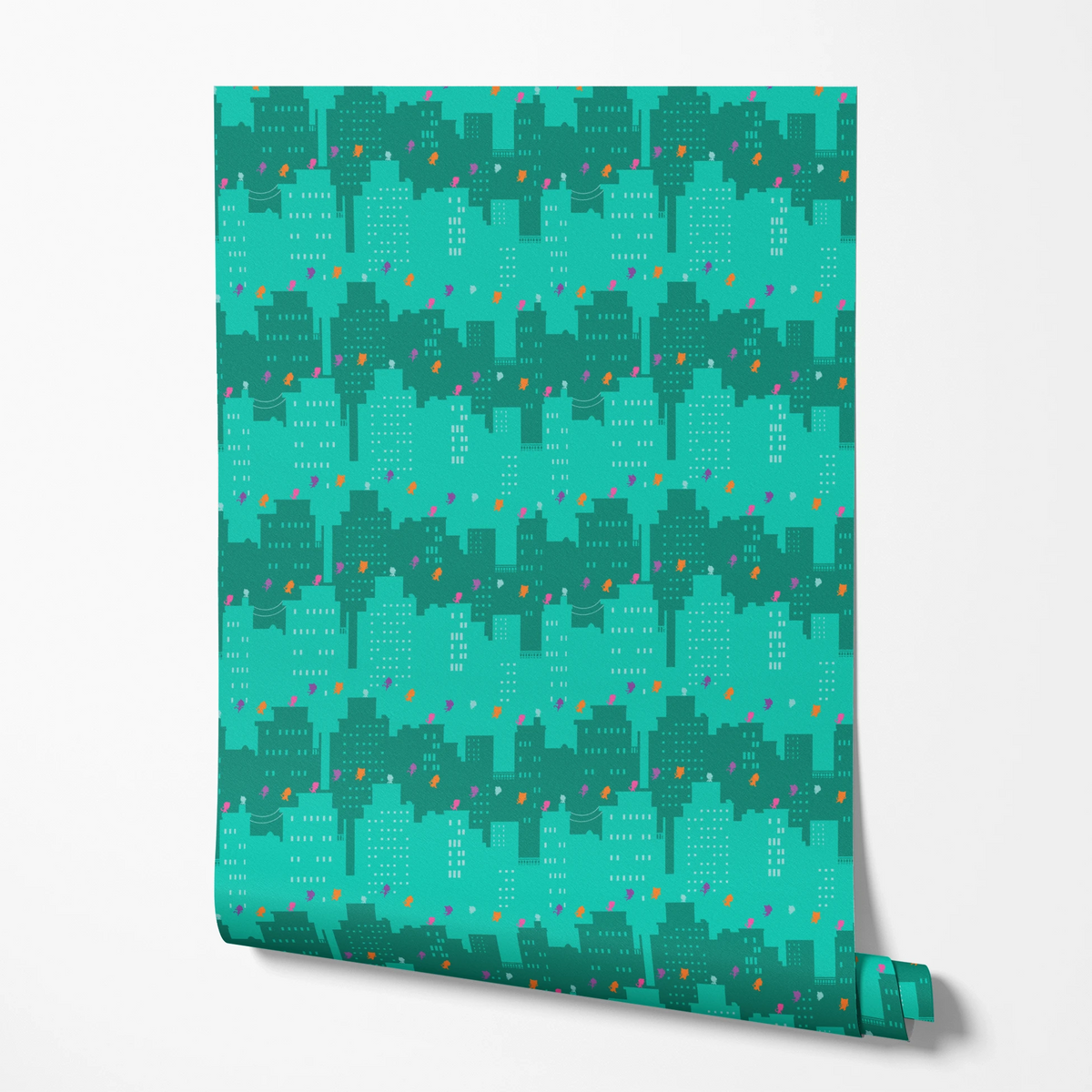 Disney Jr's. SuperKitties Super Skyline on Teal Wallpaper
