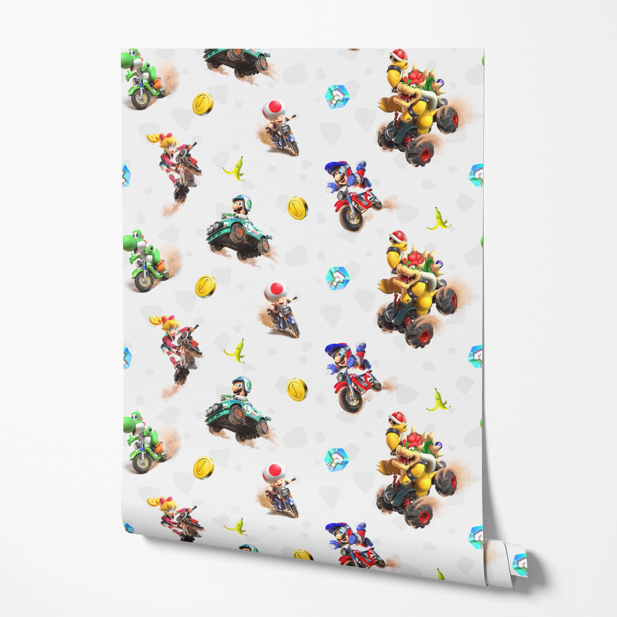 Mario Kart™ World 3D Friends in Action on Light Grey Wallpaper